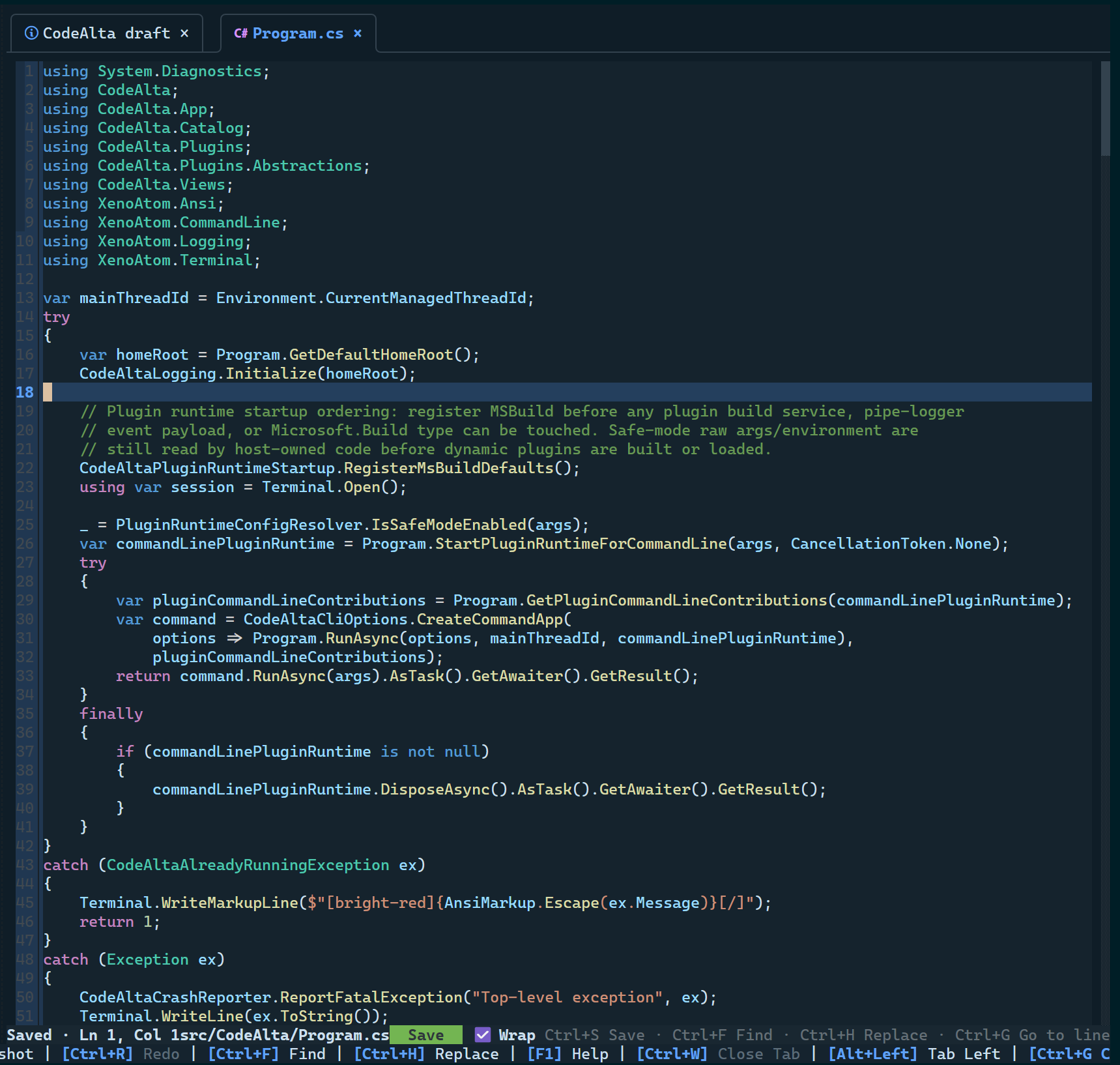 CodeAlta native terminal editor with syntax-highlighted C# code