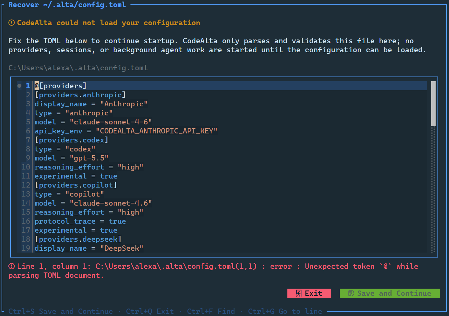 CodeAlta configuration recovery editor with TOML validation feedback