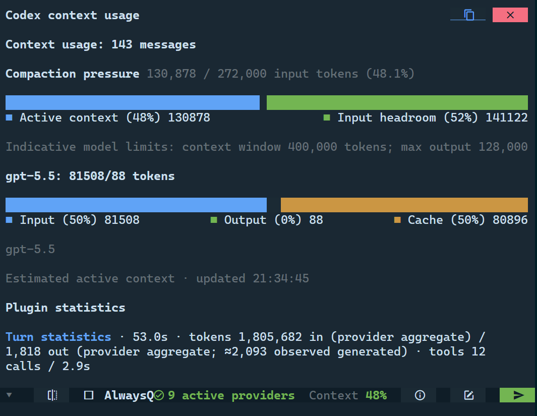 CodeAlta context usage popup with token sections and provider usage details