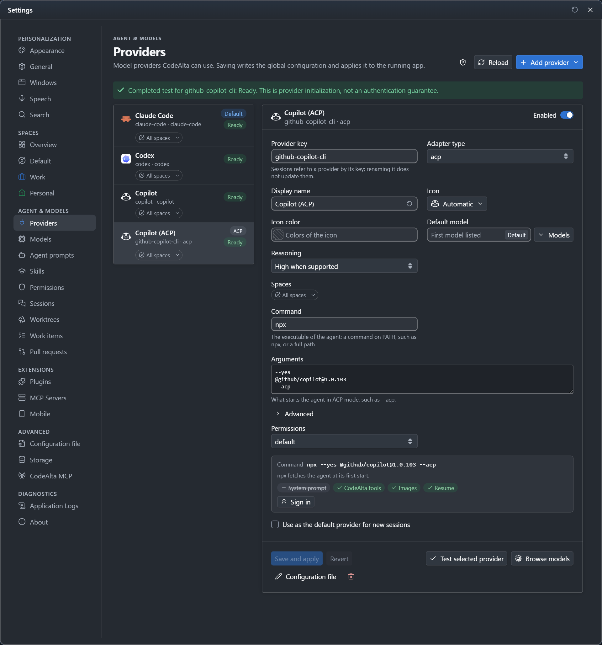 The form of the Copilot (ACP) provider with its command, its arguments, its permission mode, the tags of what the agent can do and the Sign in button