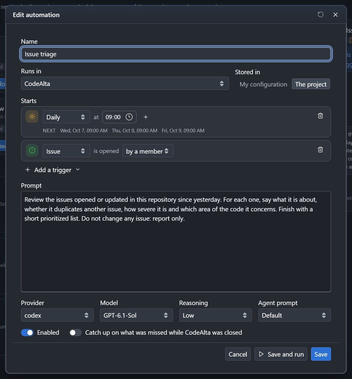 The window that edits an automation: name, project, triggers, prompt, model and reasoning