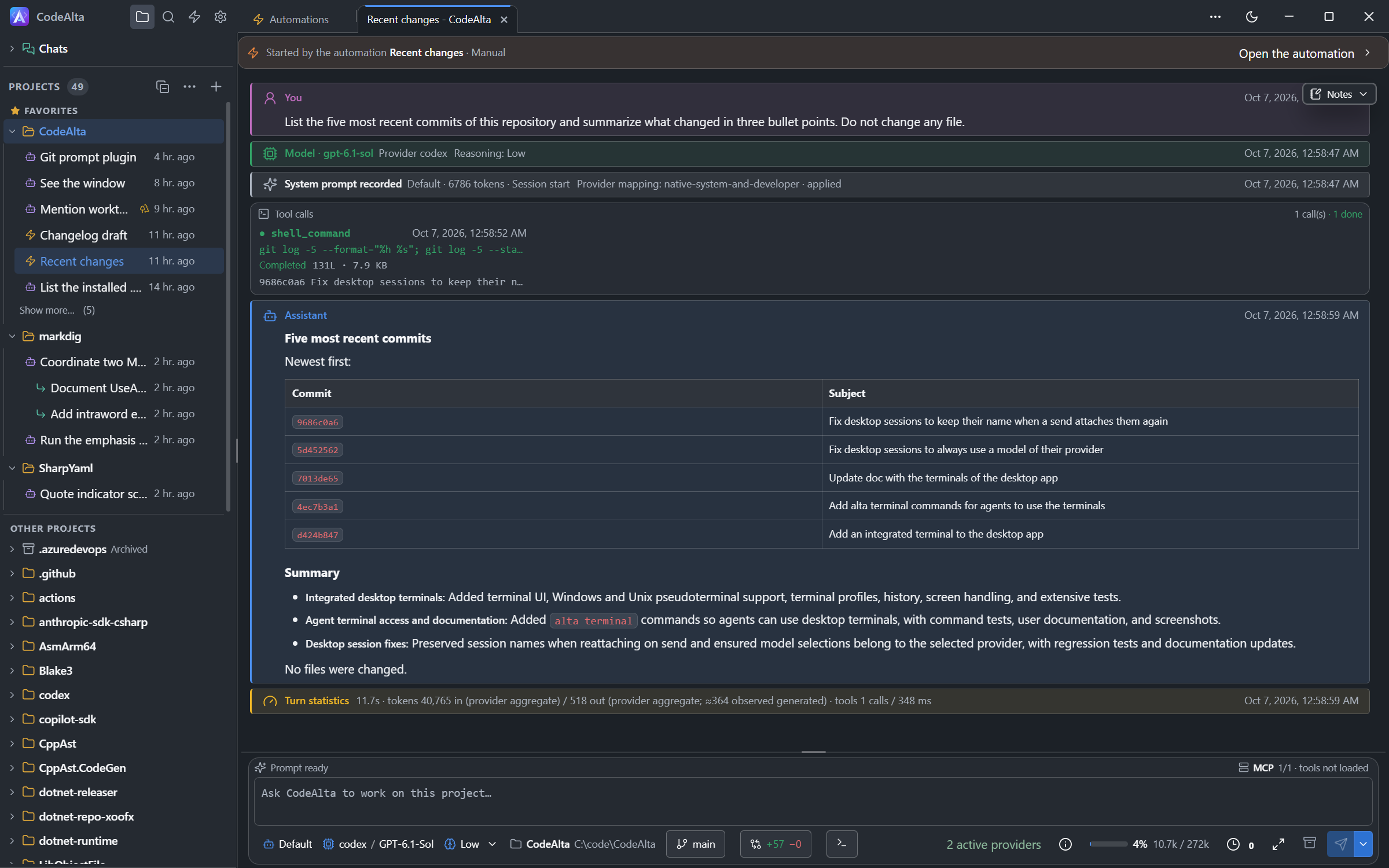 A session started by an automation, with a bolt in the sidebar and a line at the top that names the automation