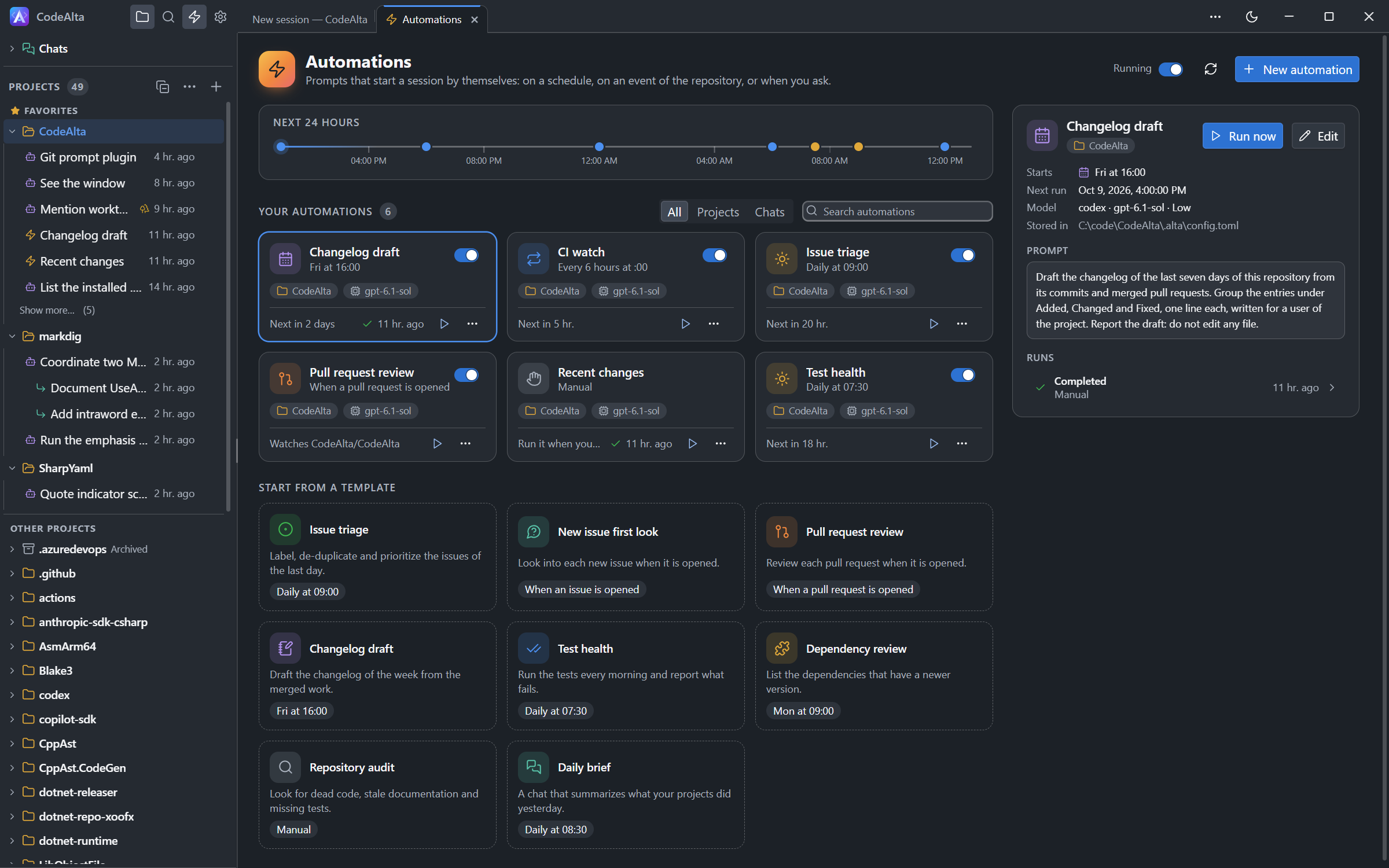 CodeAlta Desktop Automations tab with the next 24 hours, six automations of a project and the details of the selected one