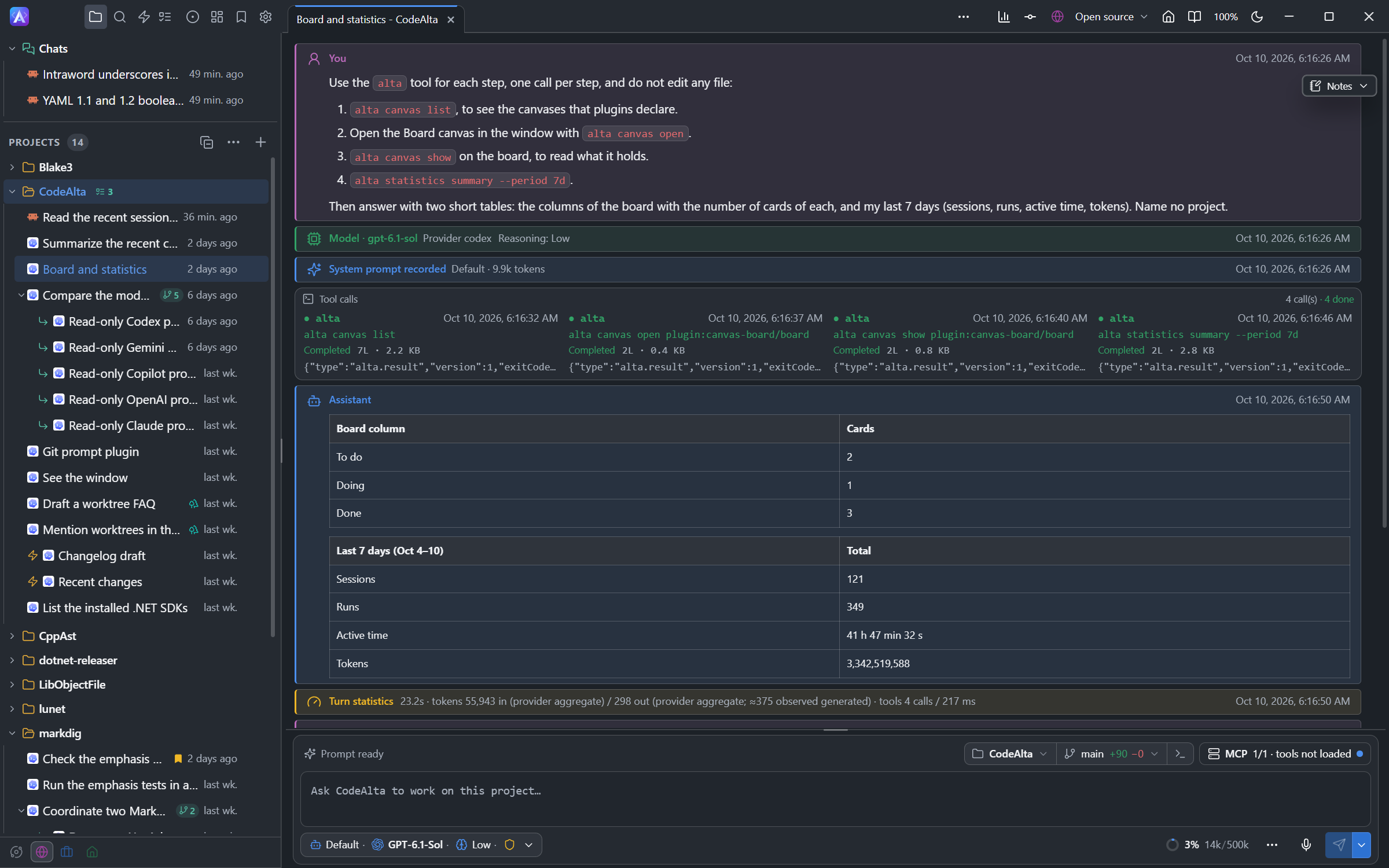 A session of CodeAlta Desktop where an agent ran alta canvas list, alta canvas open, alta canvas show and alta statistics summary, and answered with the numbers of the last 7 days in a table