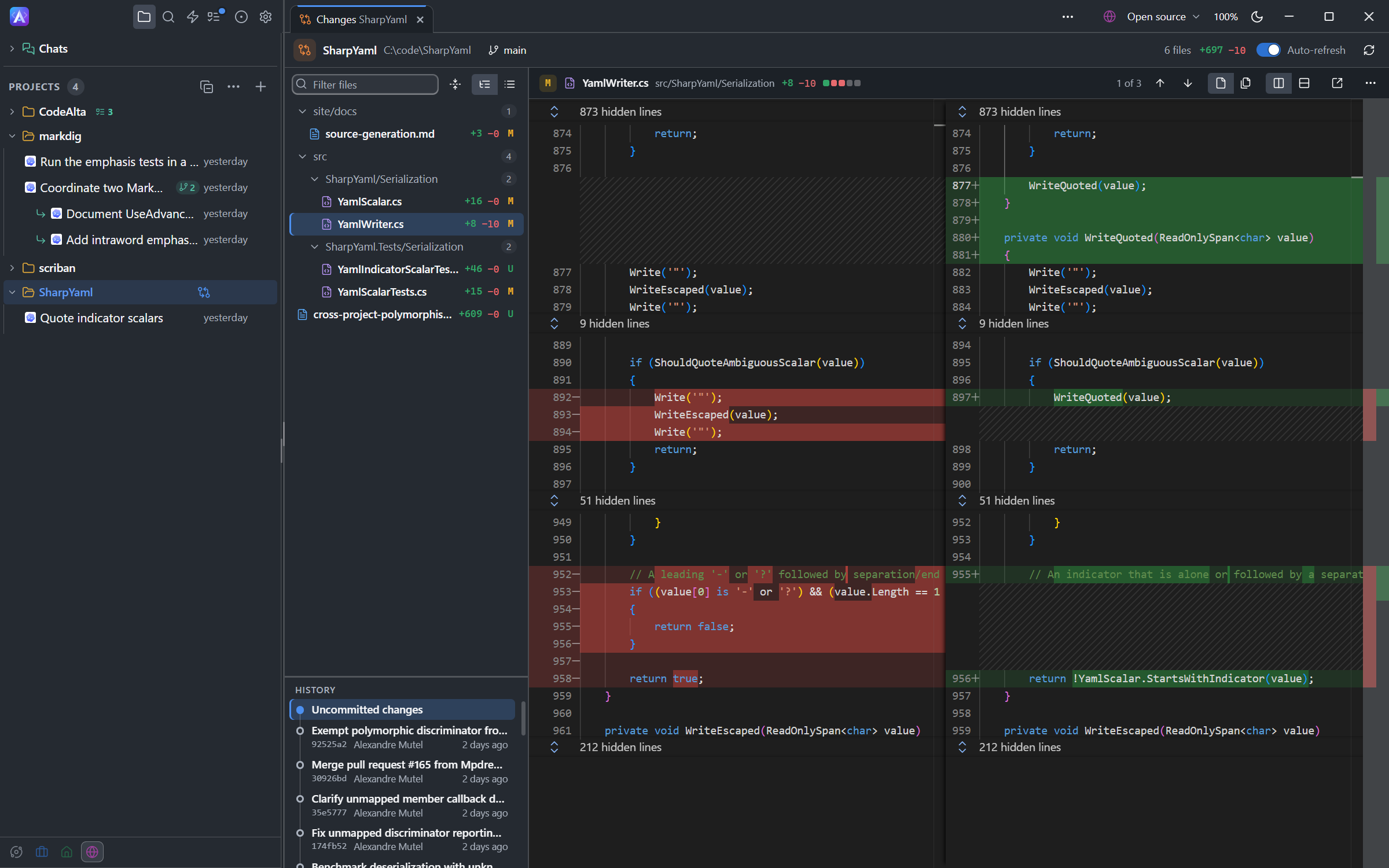 CodeAlta Desktop with the Changes tab of a project: the tree of changed files, the history and a side-by-side diff