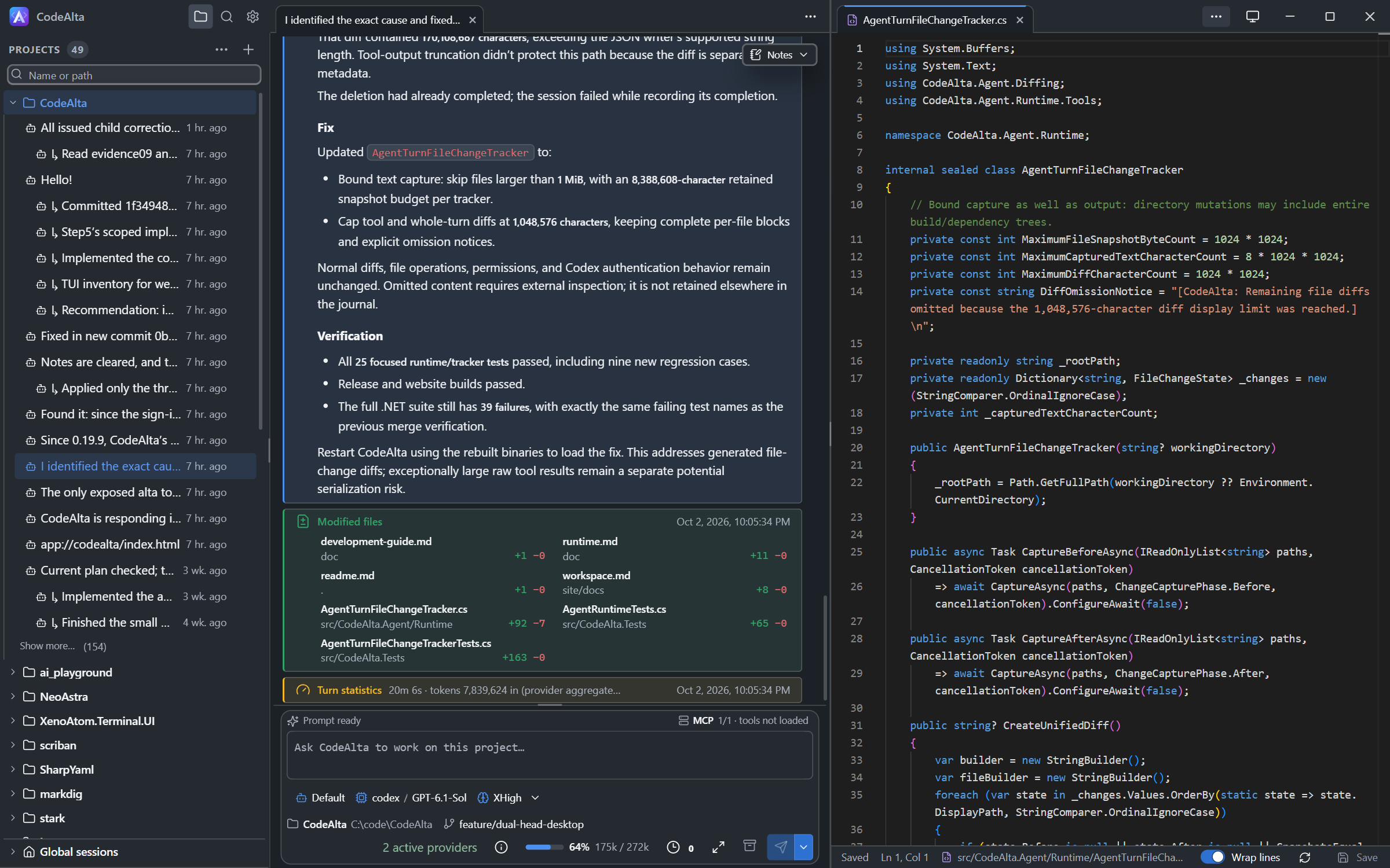 CodeAlta Desktop with a session on the left and a C# file in an editor tab on the right