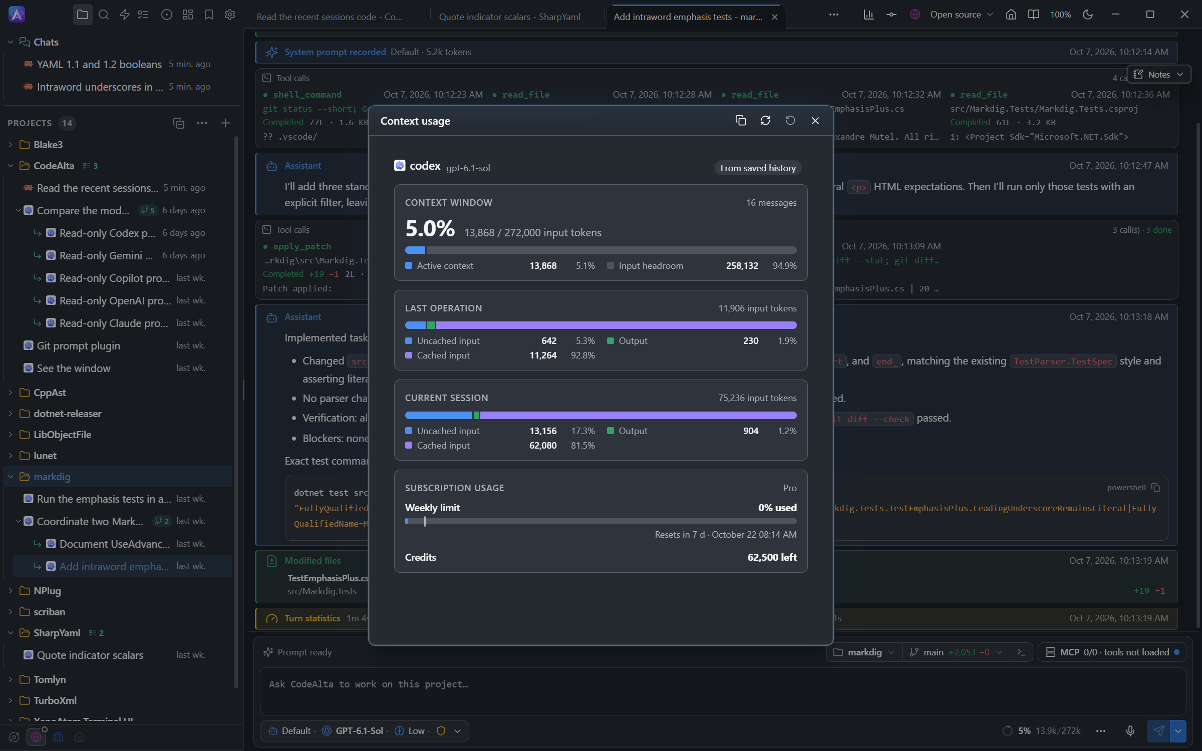 Context usage with token sections and provider usage details in CodeAlta Desktop