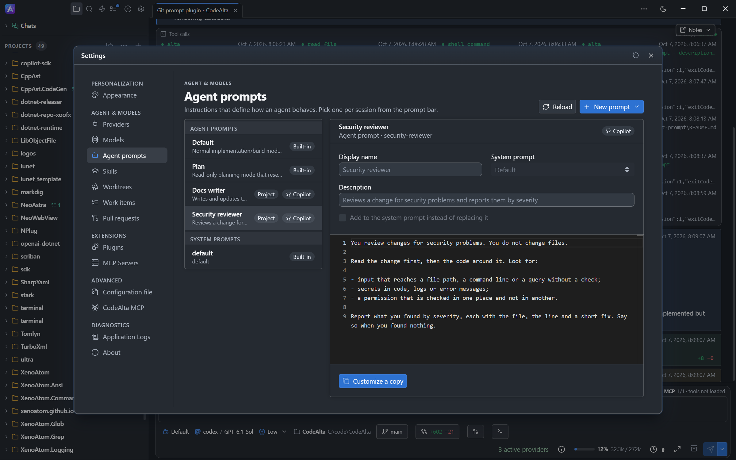 The Agent prompts page of Settings with two custom agents of the .github folder marked Copilot, and one of them open