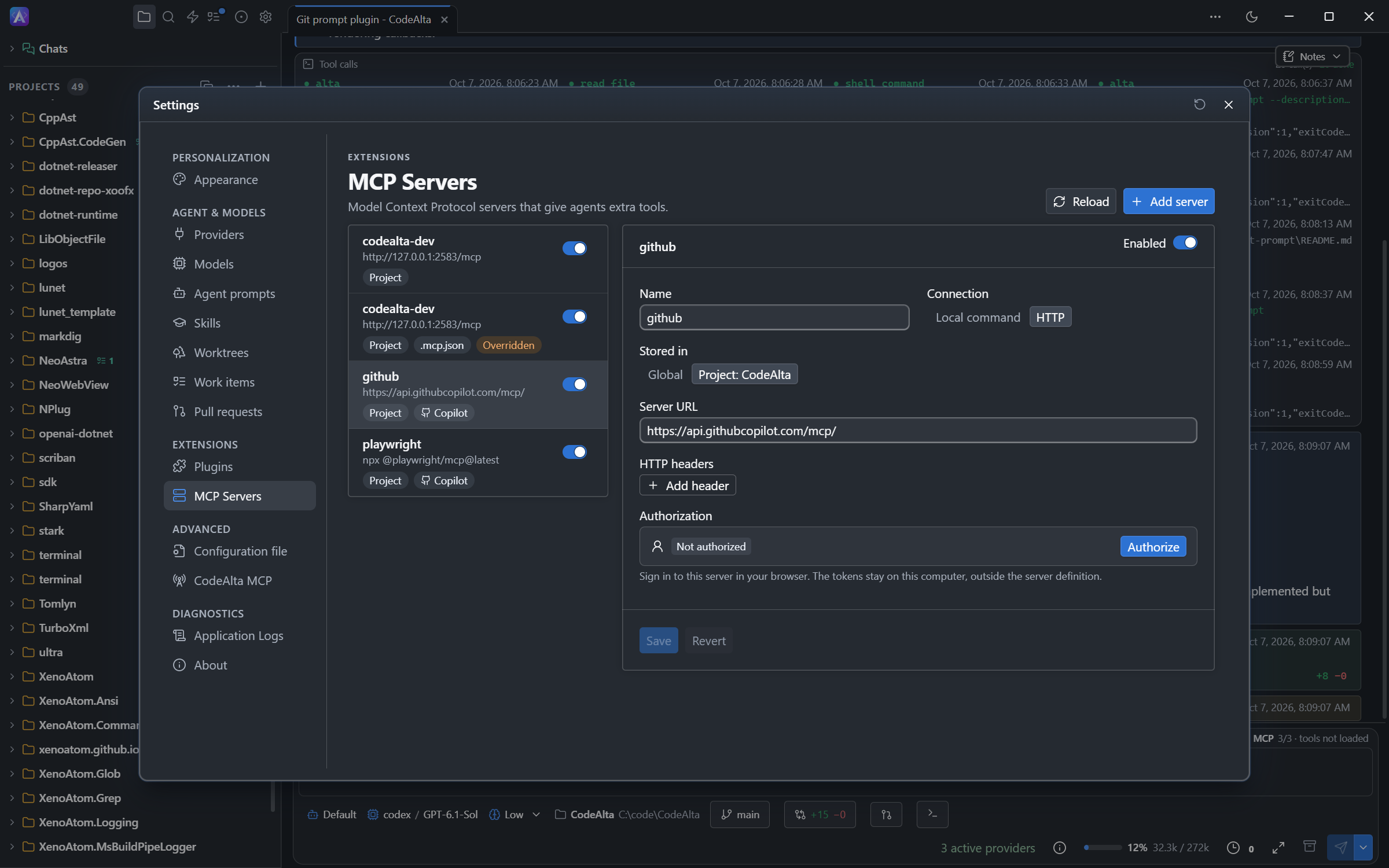 The MCP Servers page of Settings with two servers of the .github folder marked Copilot, and one of them open