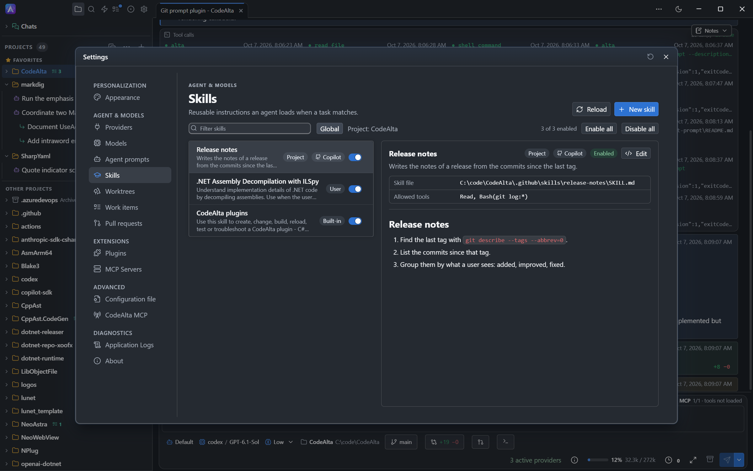 The Skills page of Settings with a skill of the .github folder marked Copilot