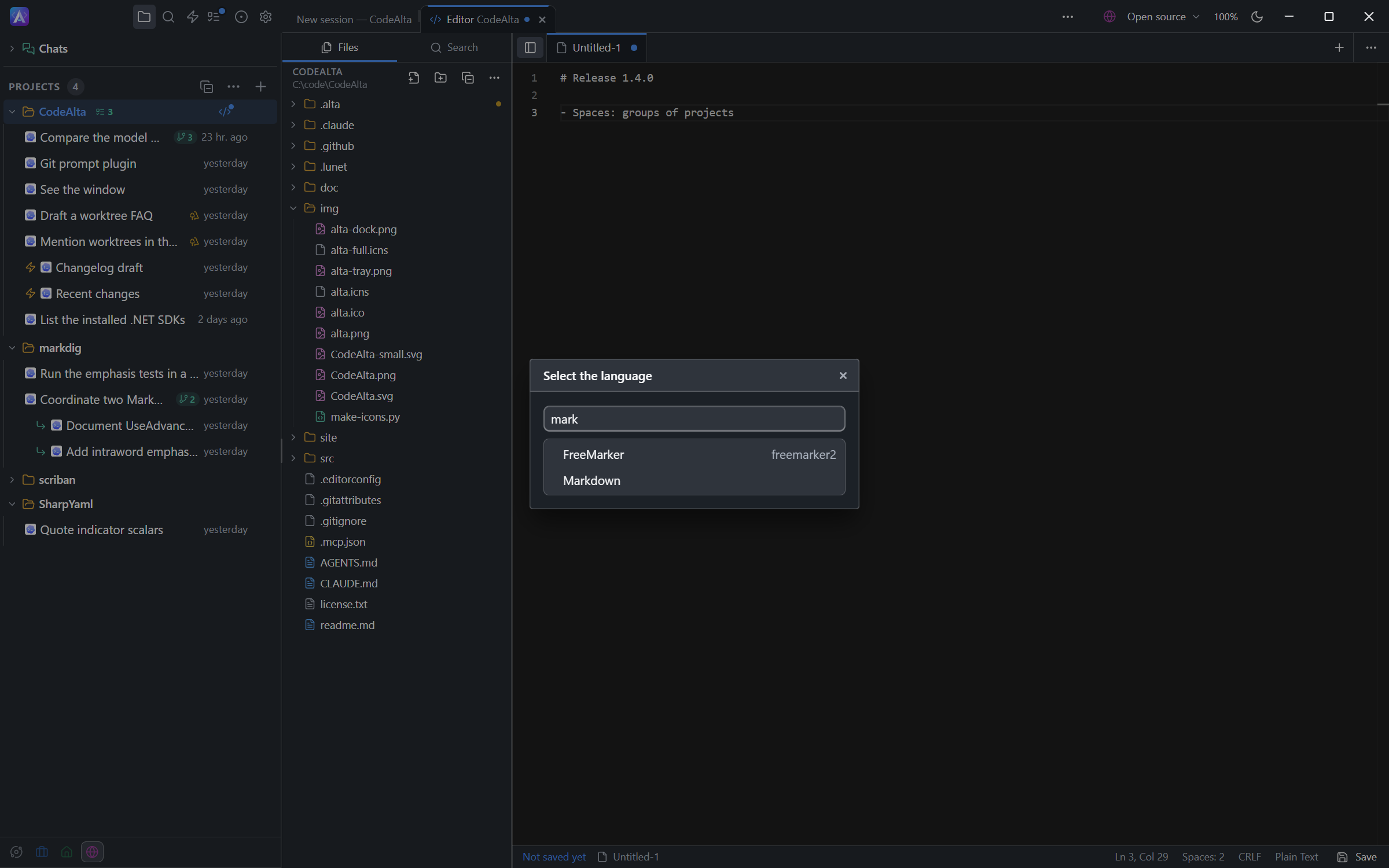 A new untitled file in the code editor with the dialog that selects its language