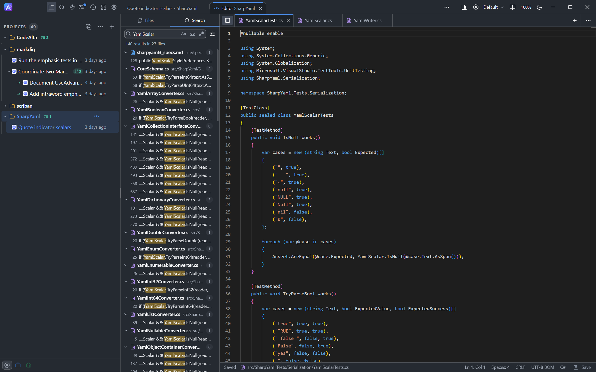 CodeAlta Desktop code editor with the results of a regular expression search in the files of a project