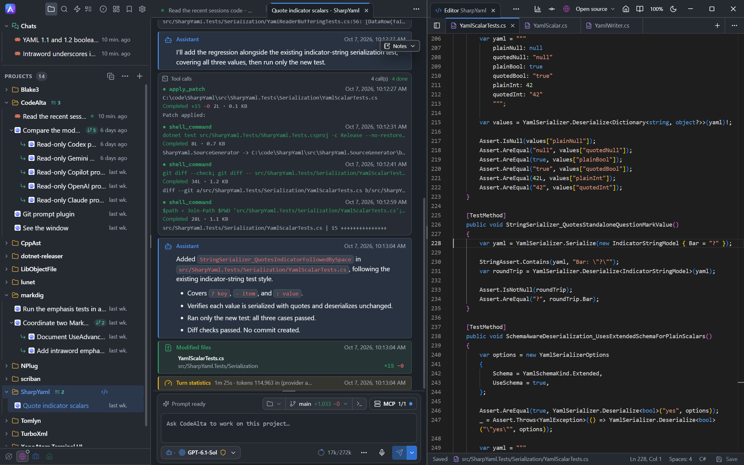 CodeAlta Desktop with a session on the left and a source file in the code editor on the right