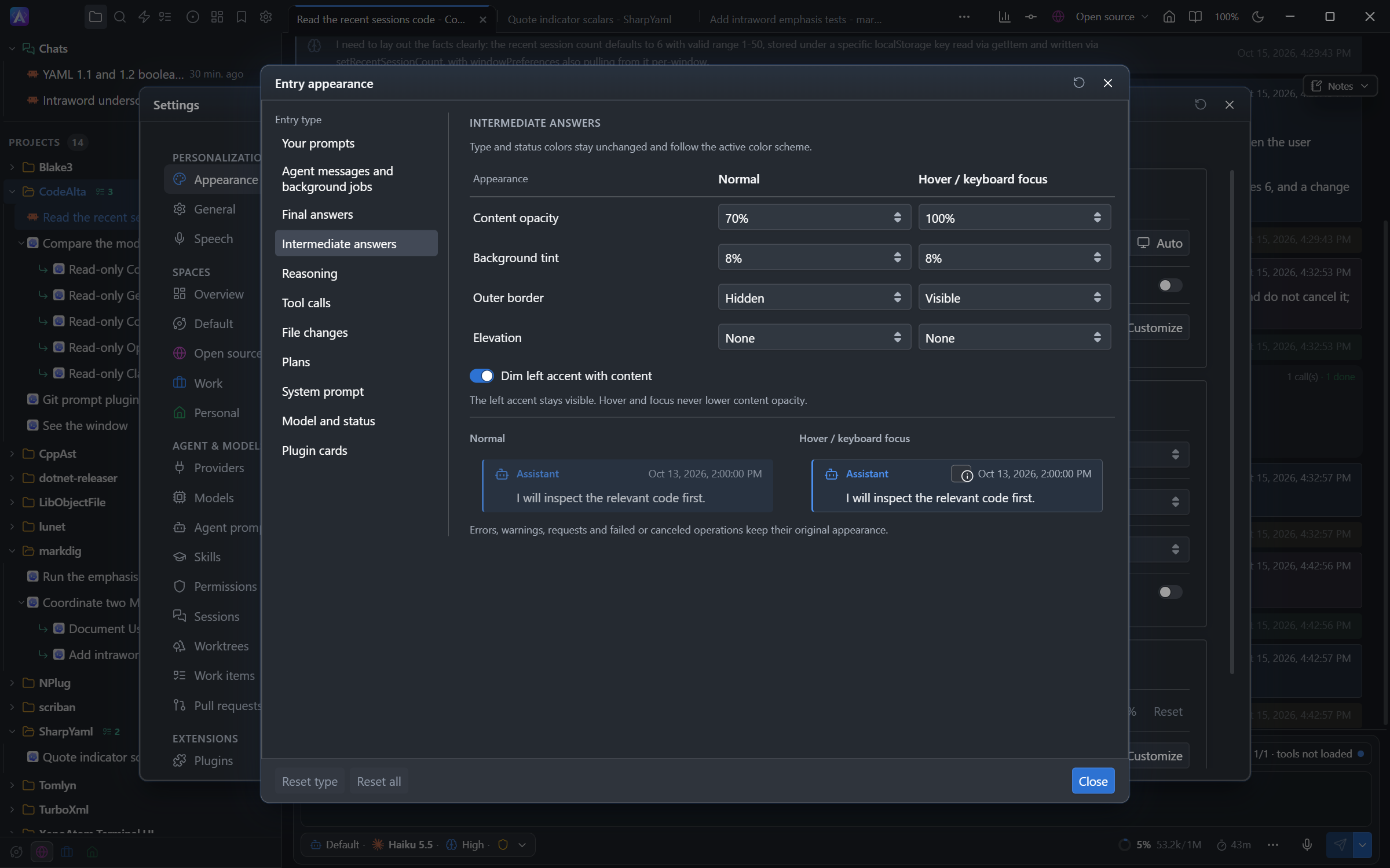 The Entry appearance window of CodeAlta Desktop: the settings of the intermediate answers and a preview of their two states