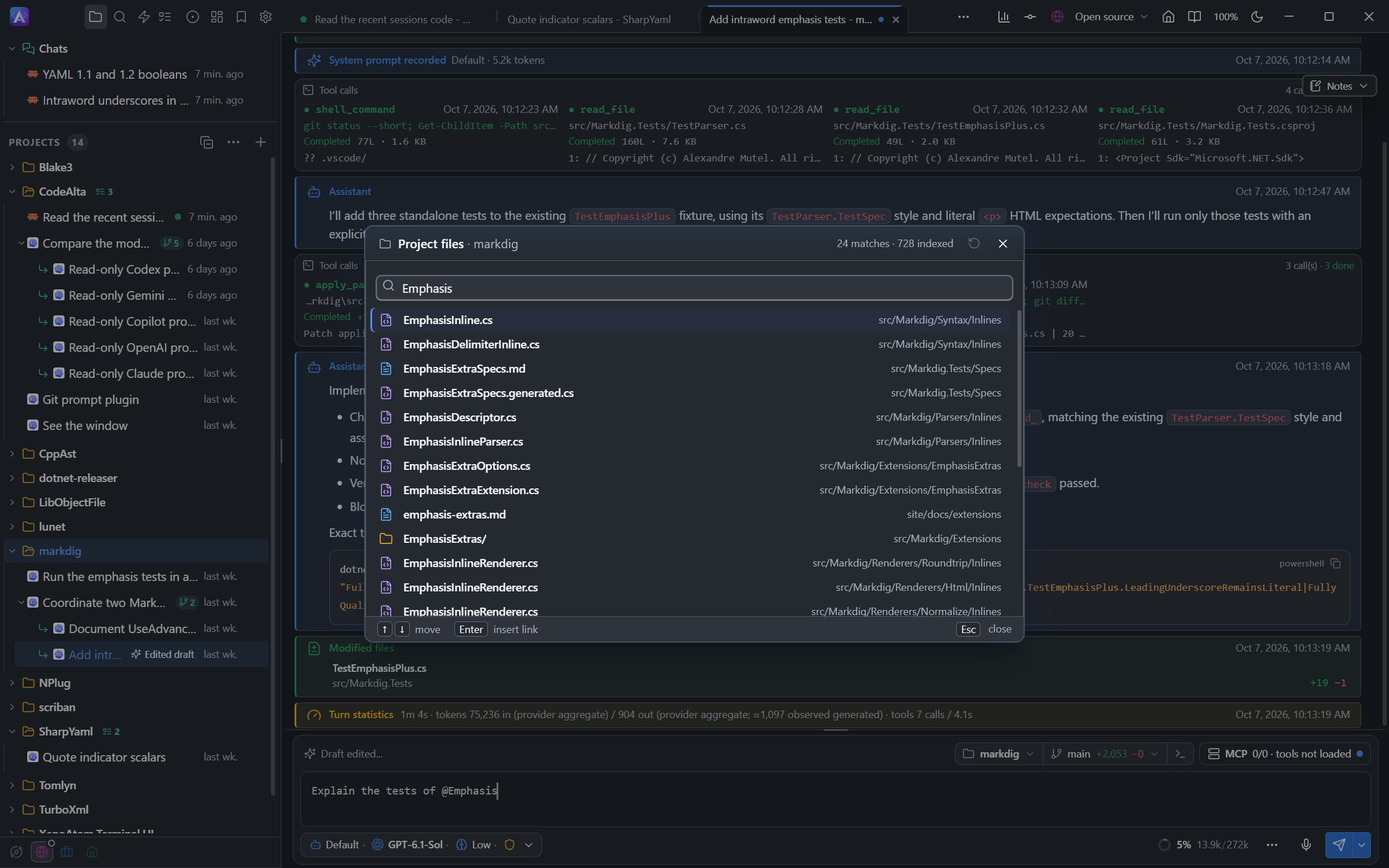 File picker for attaching project files to a prompt in CodeAlta Desktop