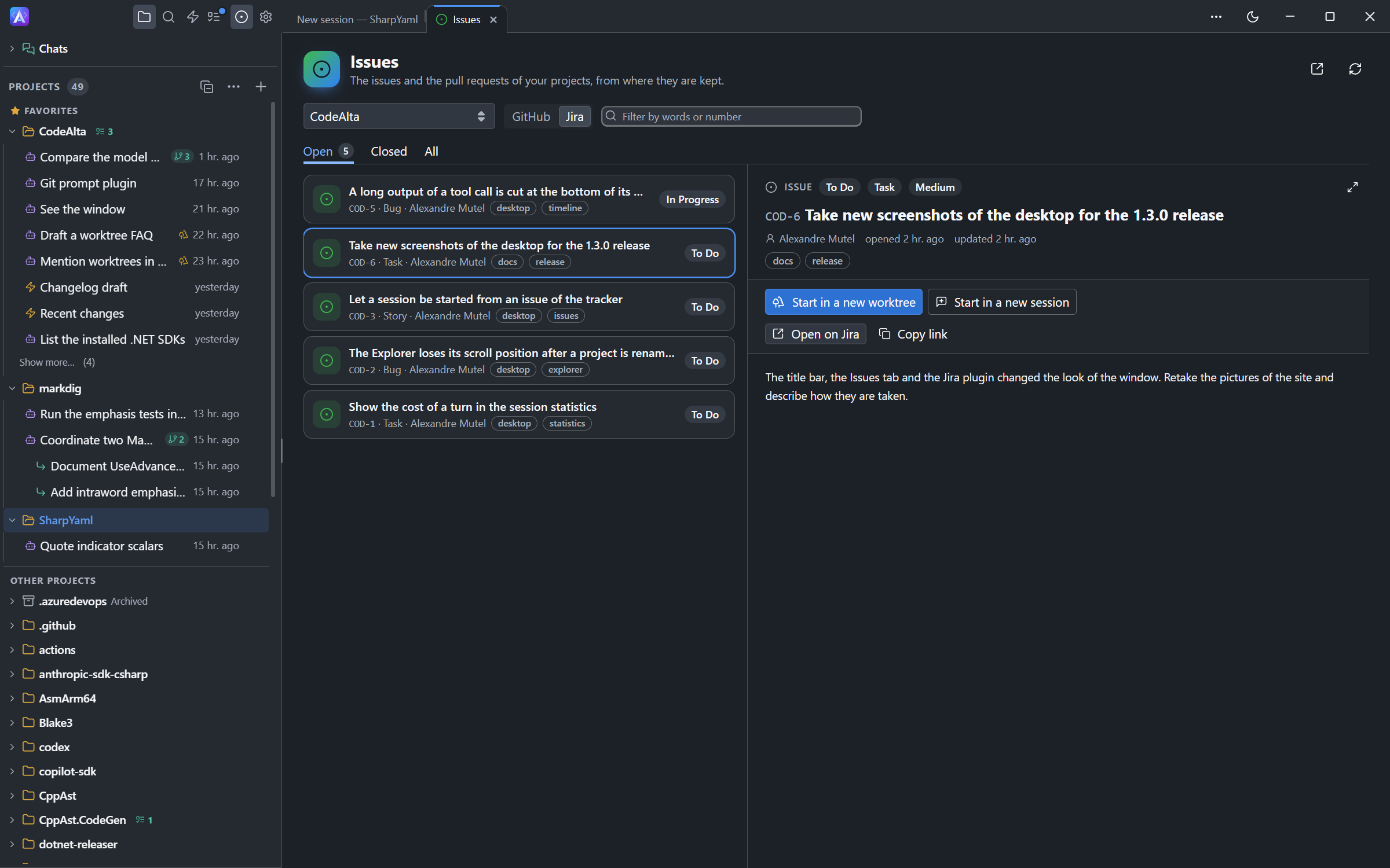 The Issues tab of CodeAlta Desktop with the issues of a Jira project and one issue open