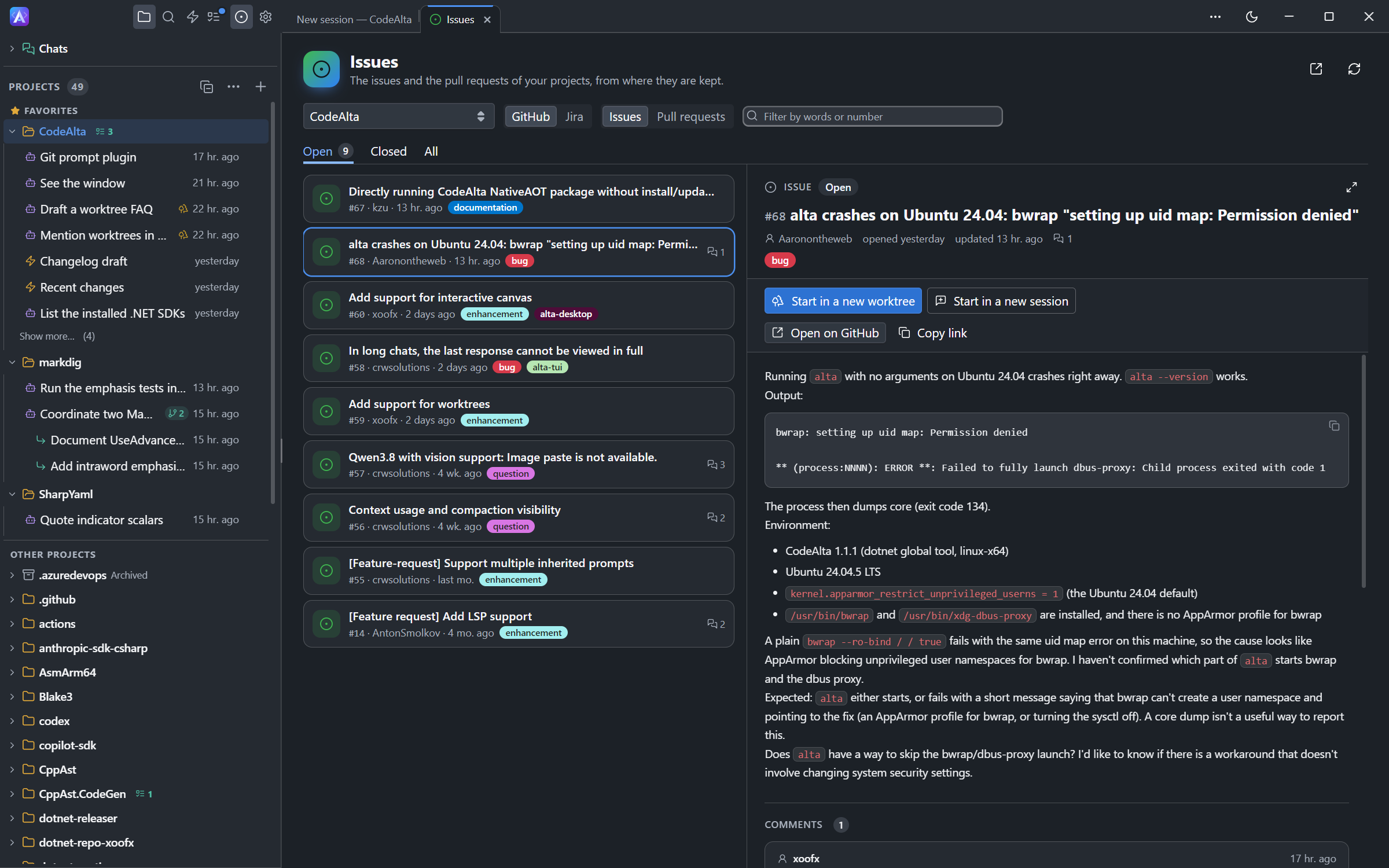 The Issues tab of CodeAlta Desktop with the open issues of a GitHub repository and one issue open
