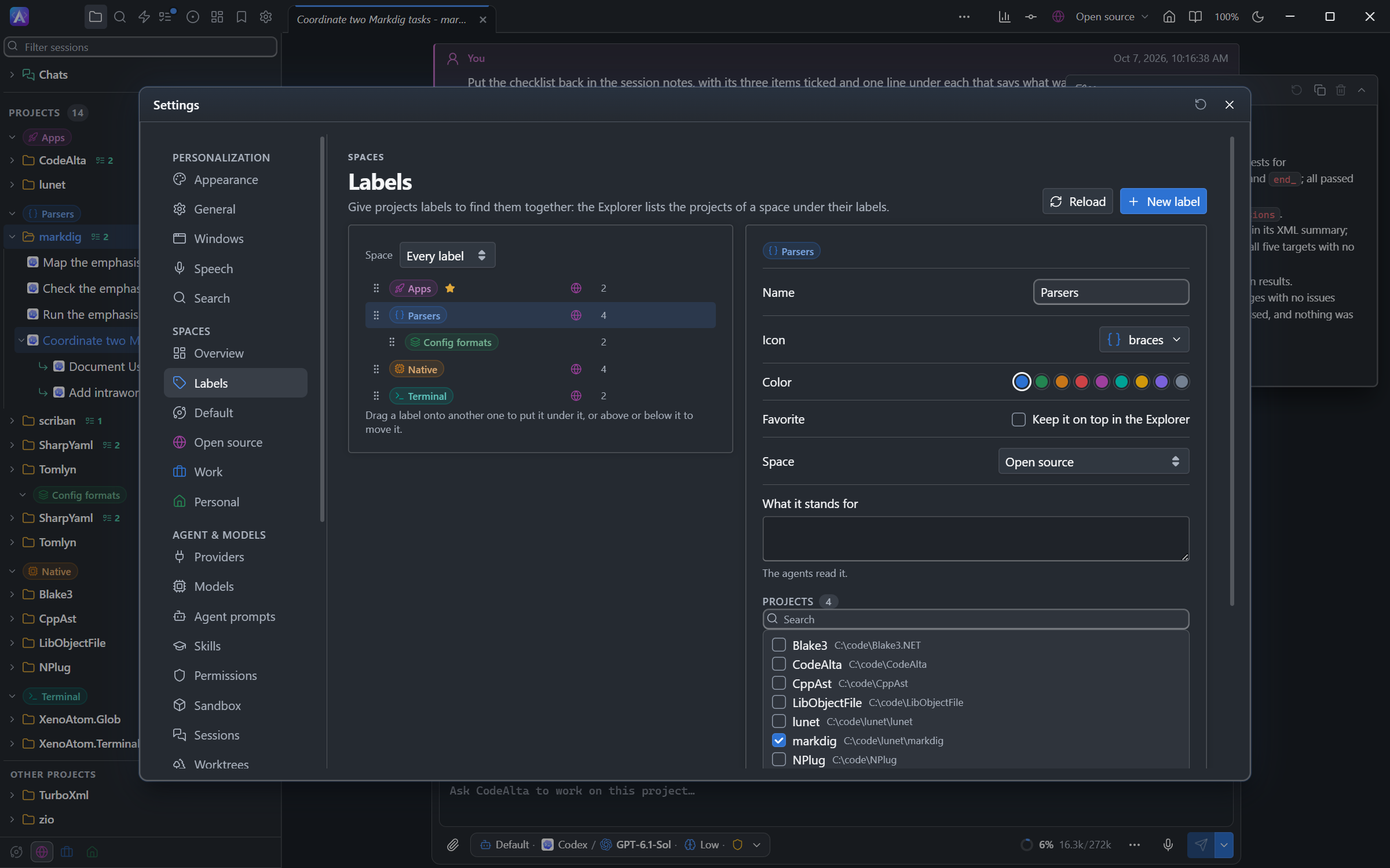 Settings > Labels: the tree of the labels with Parsers selected, and its form with its name, icon, color, space and projects