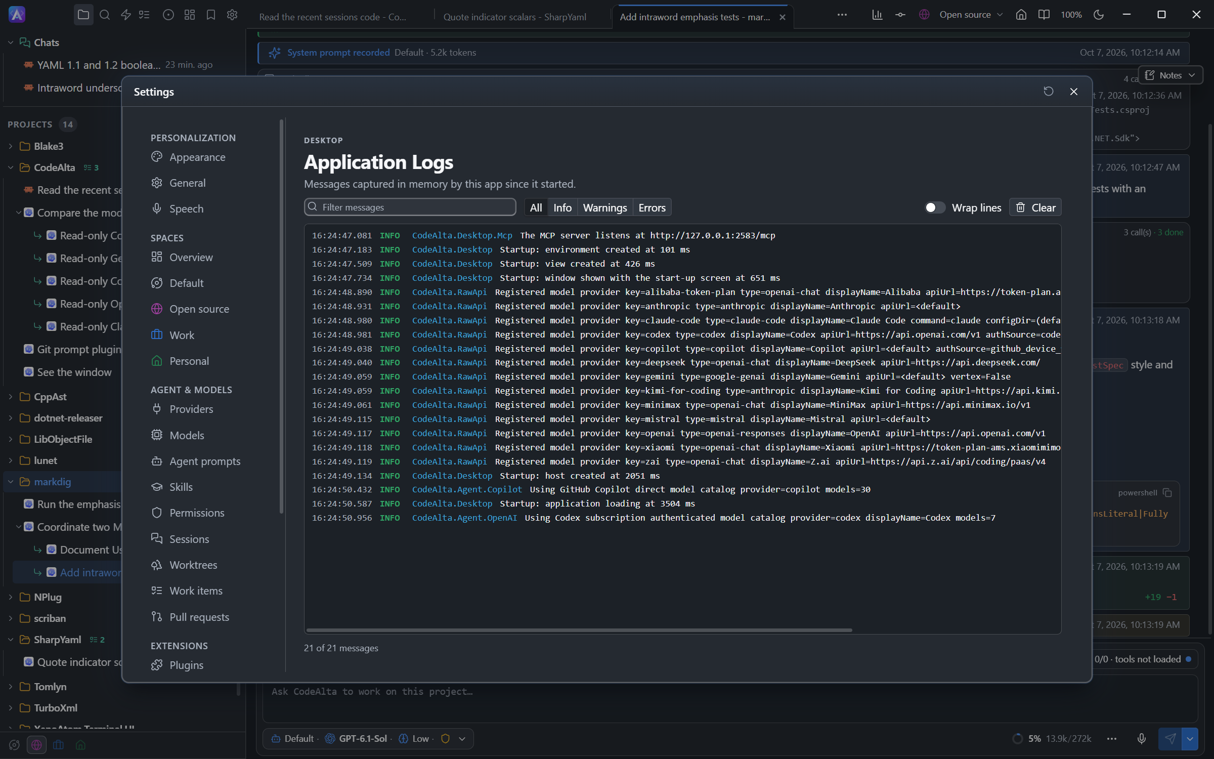 Logs viewer with diagnostic output and search controls in CodeAlta Desktop