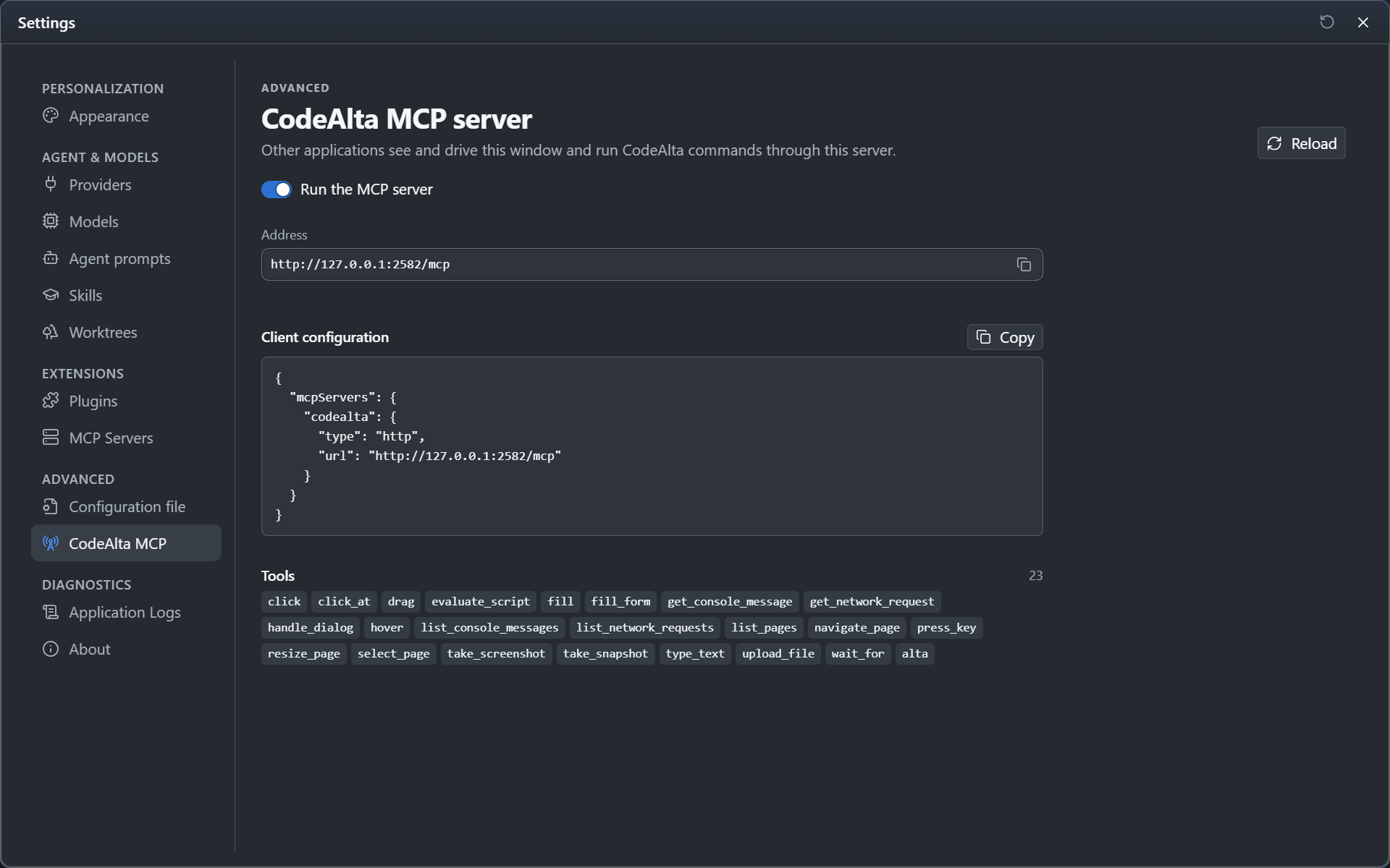 The CodeAlta MCP page of Settings: the switch of the server, its address, the client configuration and the tools