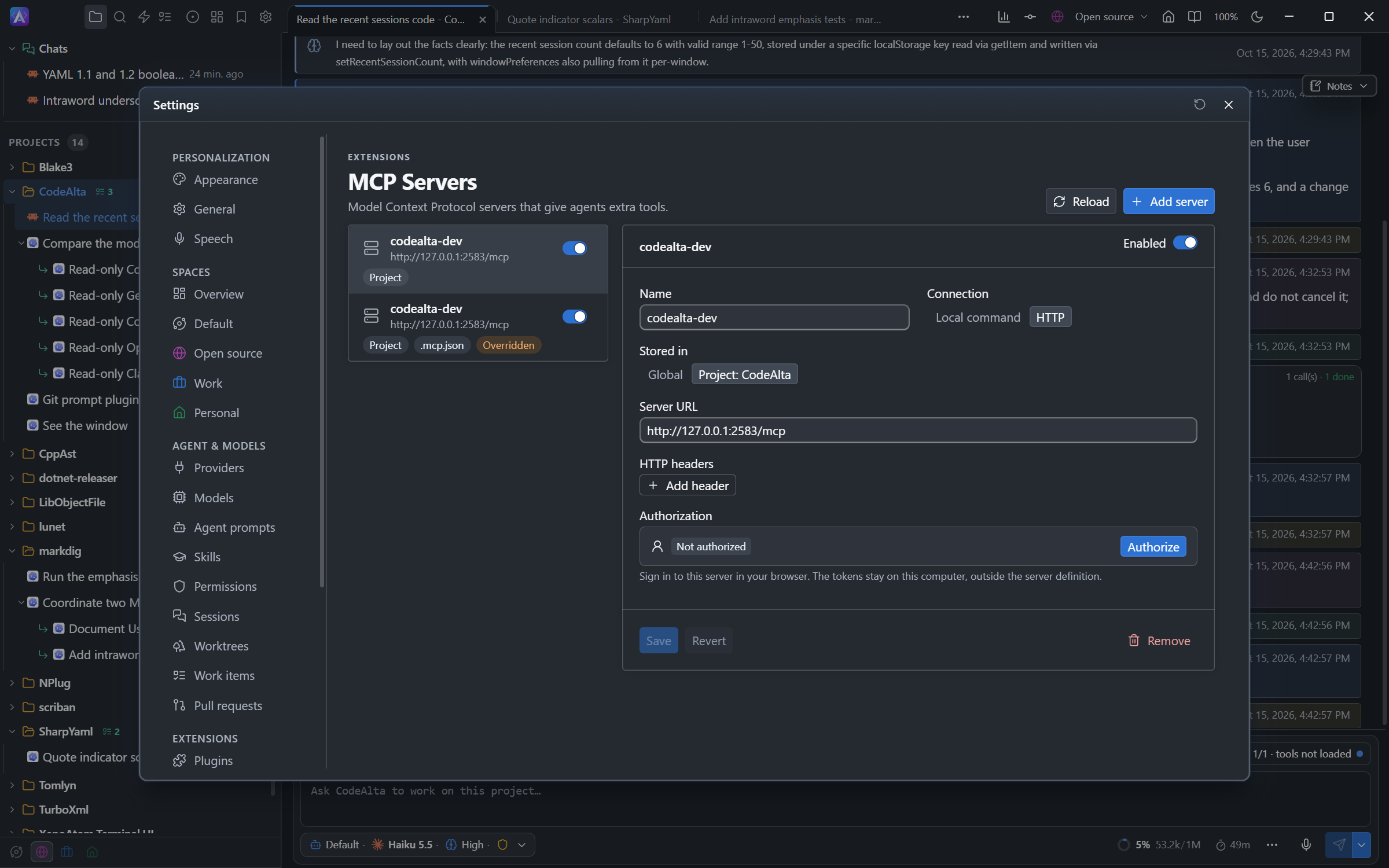MCP server configuration in CodeAlta Desktop