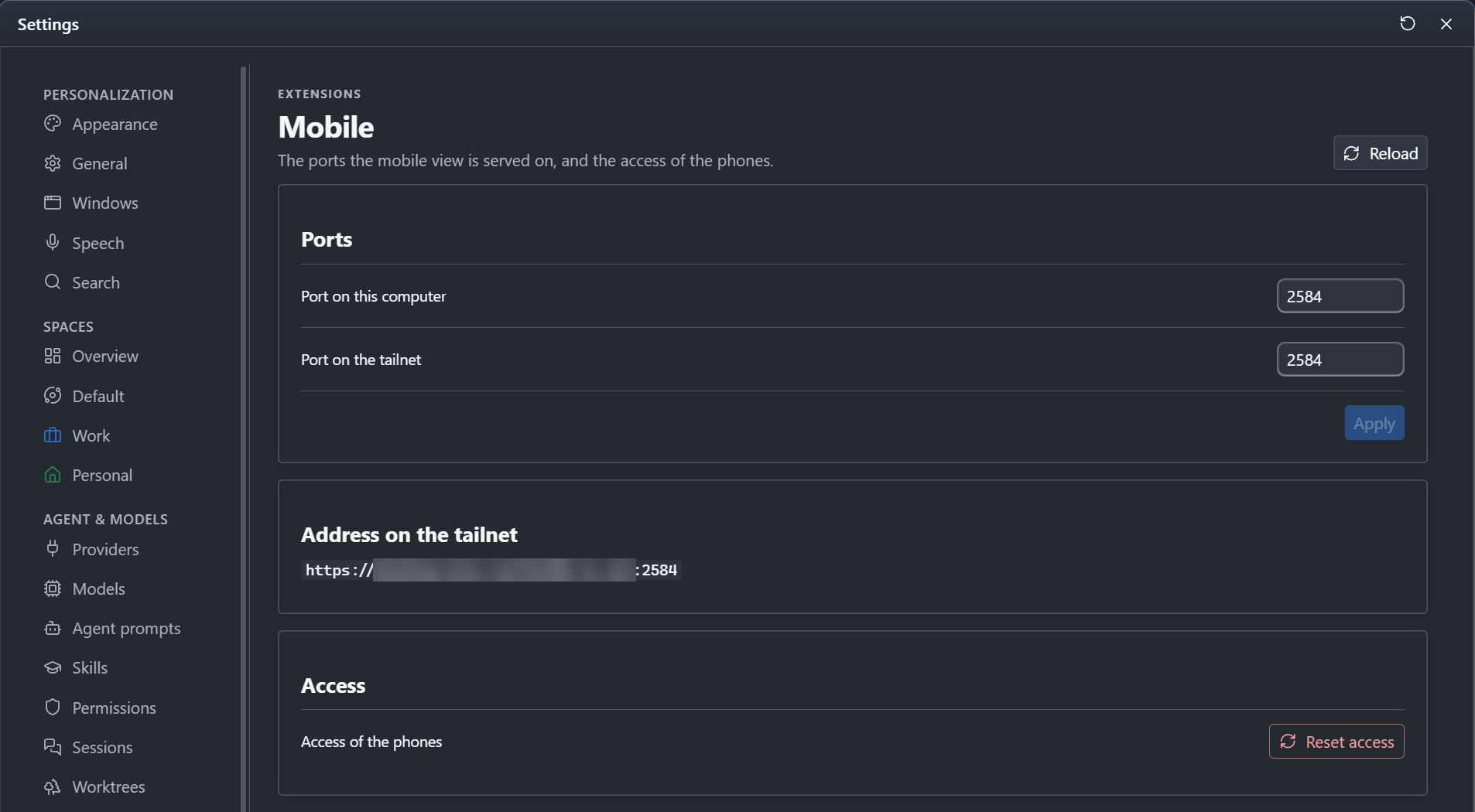 Settings, Mobile page of CodeAlta Desktop: the two ports, the address on the tailnet (blurred) and Reset access