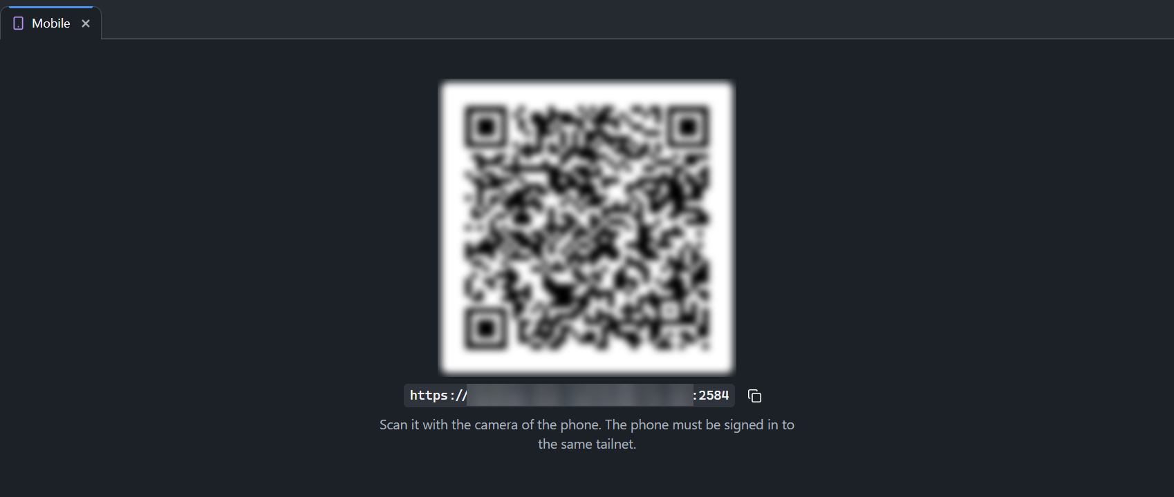 The Mobile tab of CodeAlta Desktop with the QR code of the phone page and its address on the tailnet, both blurred