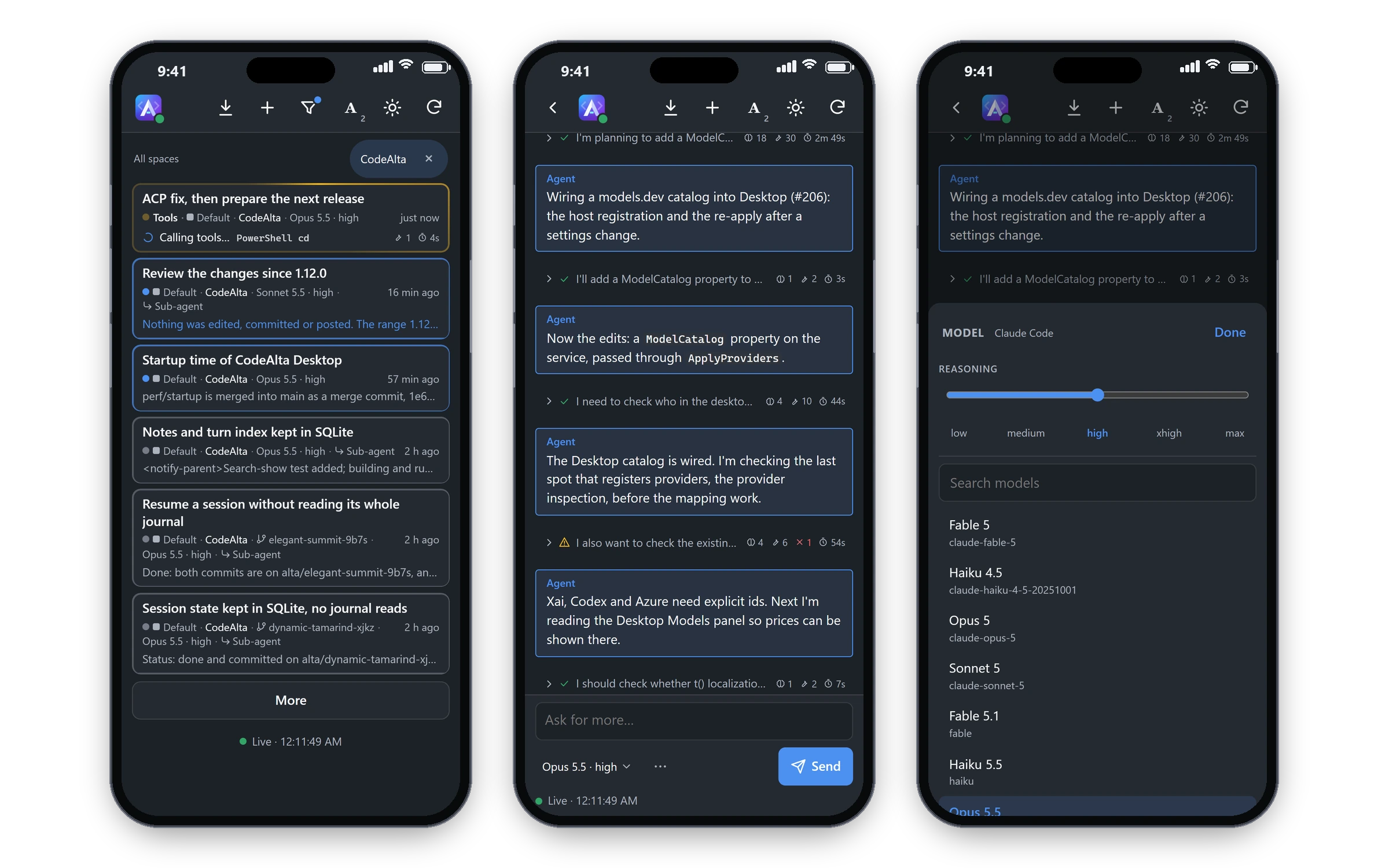 Three phones showing the sessions of CodeAlta live, the timeline of a session with its prompt, and the choice of a model and its reasoning effort