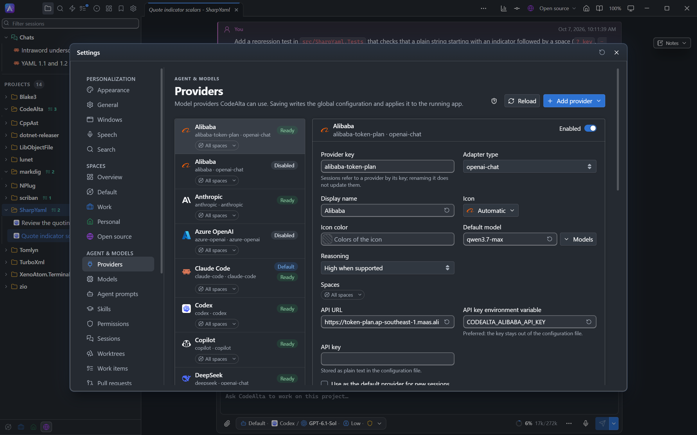 Model provider configuration with validation controls in CodeAlta Desktop