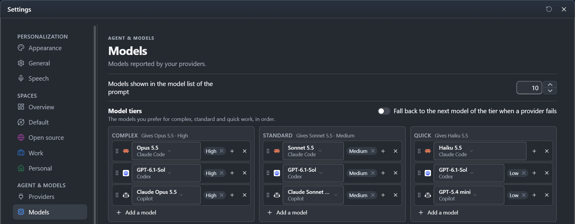 The Model tiers section of Settings > Models: the Complex, Standard and Quick tiers, each with its models in order and the model it gives now, and the switch of the fallback
