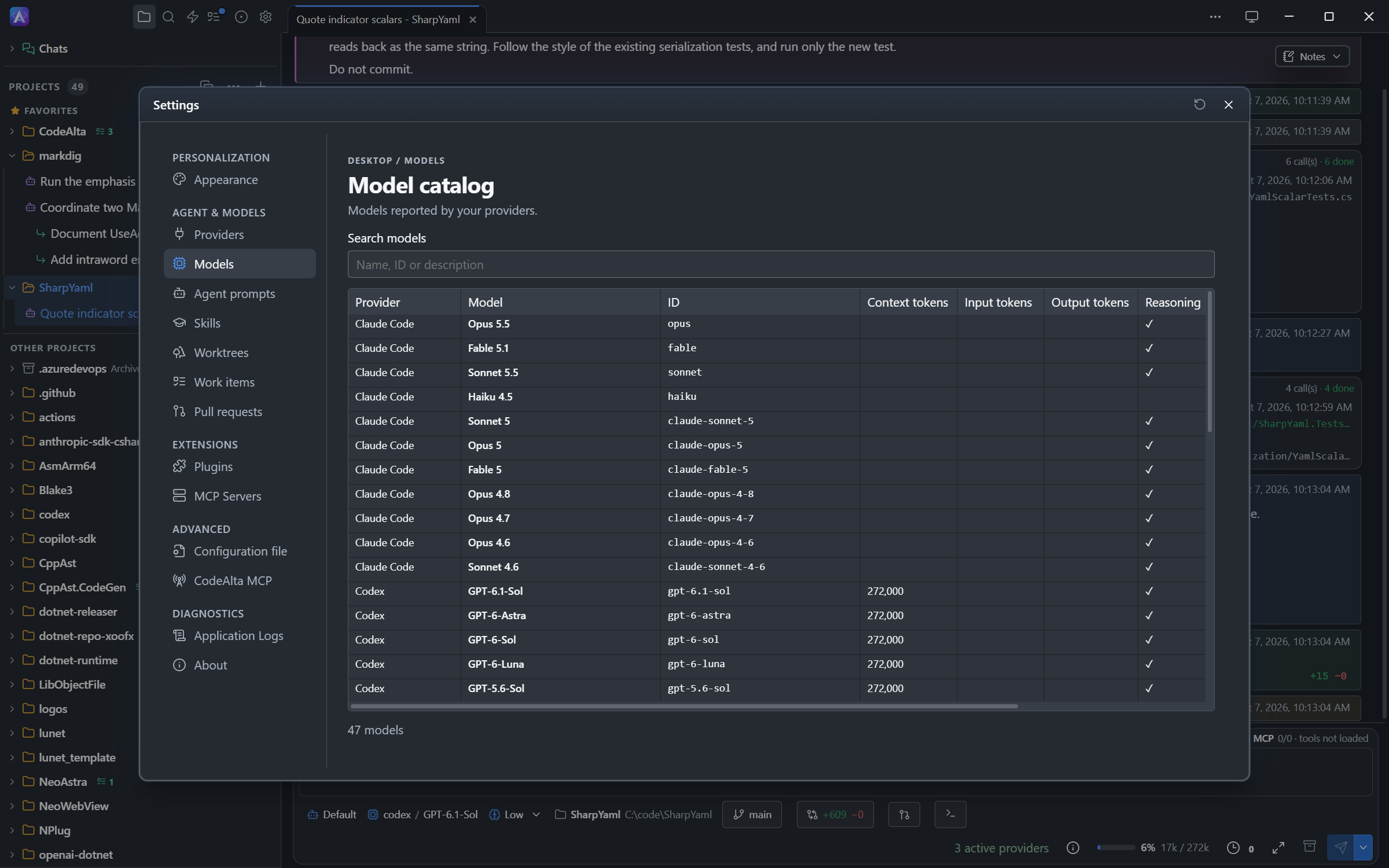 Model catalog listing the models of every provider in CodeAlta Desktop