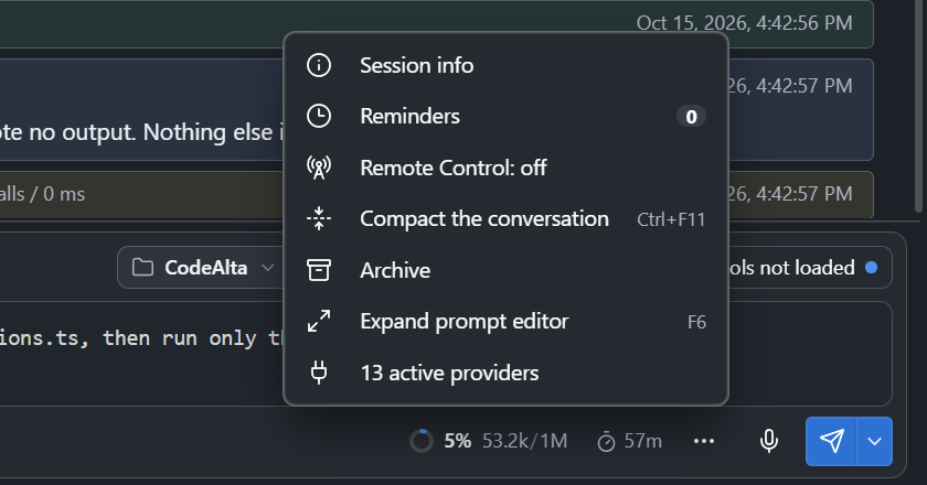 The ⋯ menu of the prompt: Session info, Reminders, Remote Control, Compact the conversation, Archive, Expand prompt editor and the providers