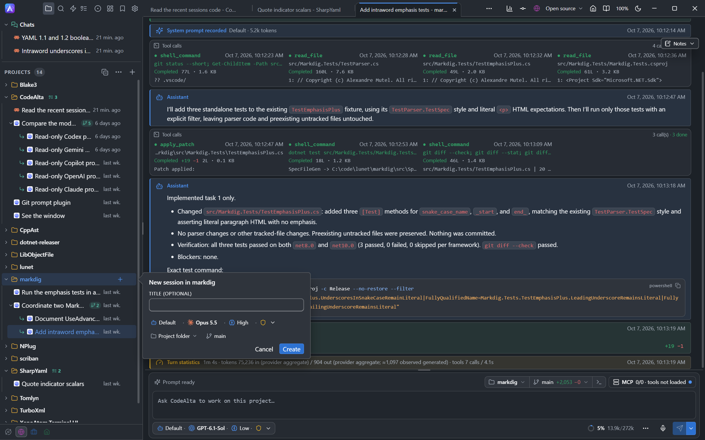 The form that opens beside a project row of CodeAlta Desktop to create a session: a title, the agent, the model, the reasoning, the permissions and the folder