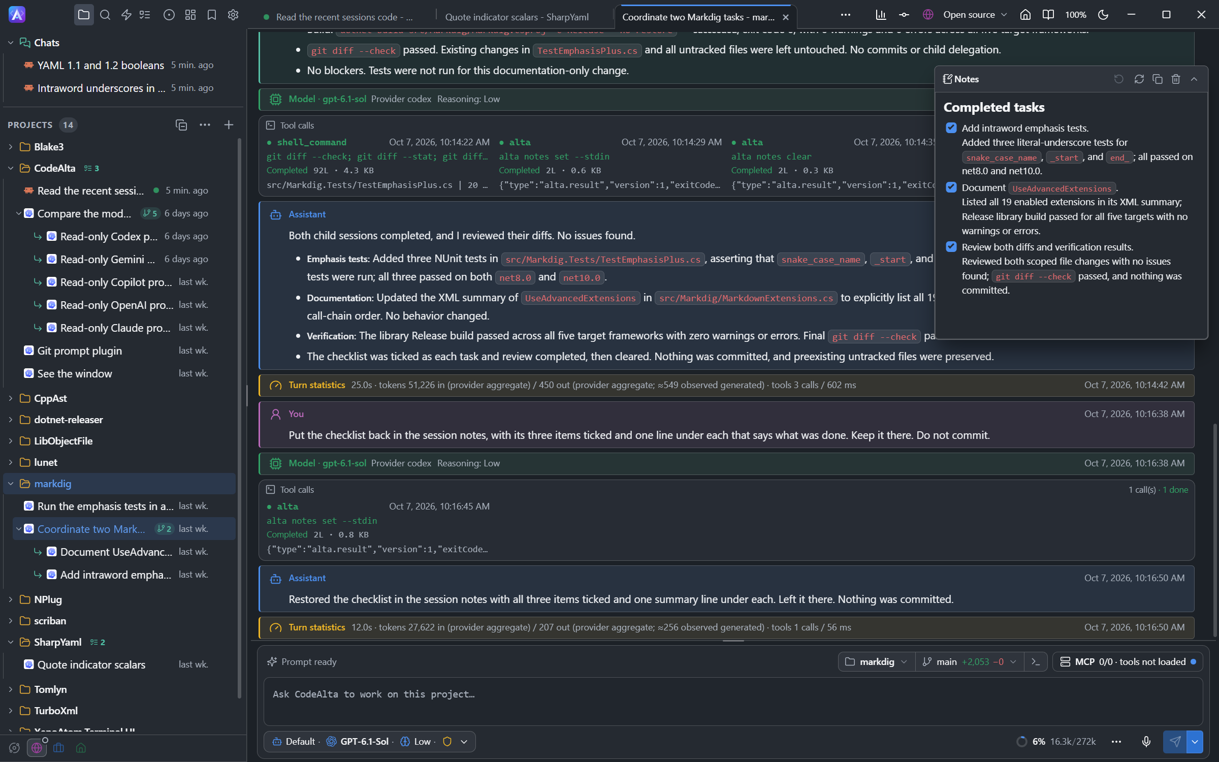 Session notes with a Markdown checklist in CodeAlta Desktop