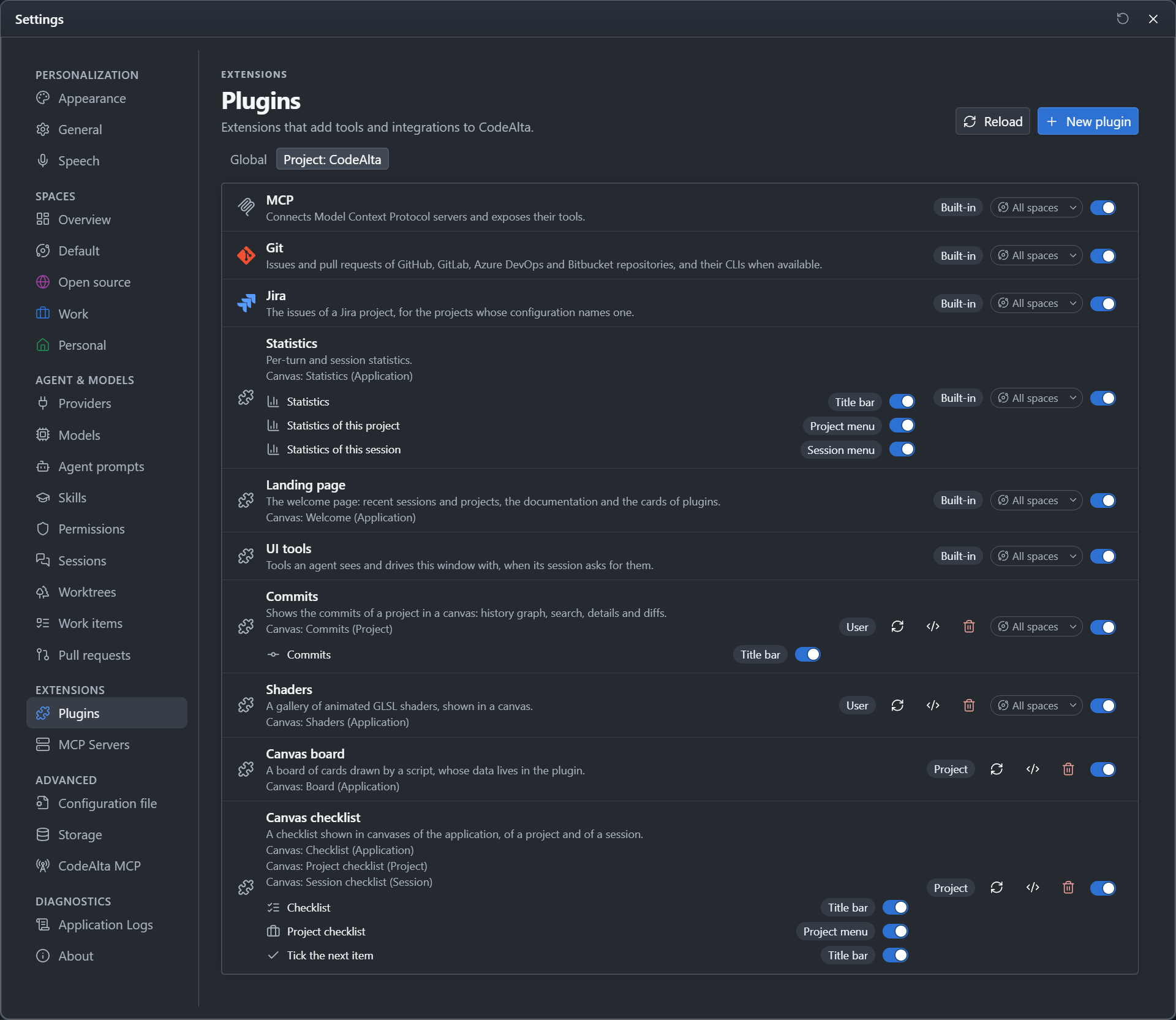 The Plugins page of Settings: under Statistics and under the Canvas checklist plugin, a line for each button with its place, Title bar or Project menu, and a switch