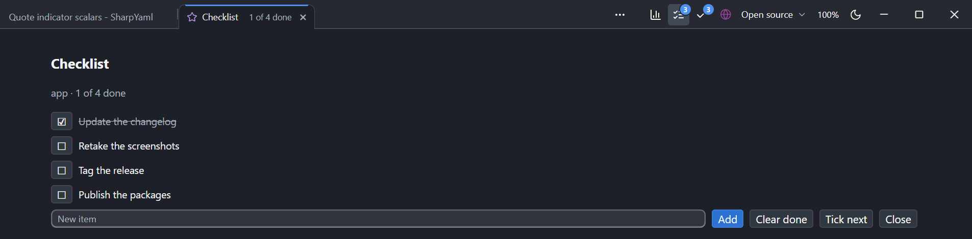 The title bar of CodeAlta Desktop with three plugin buttons before the space switch: Statistics, and the two buttons of the canvas-checklist sample with a badge that says 3, above the Checklist tab that the first one opened