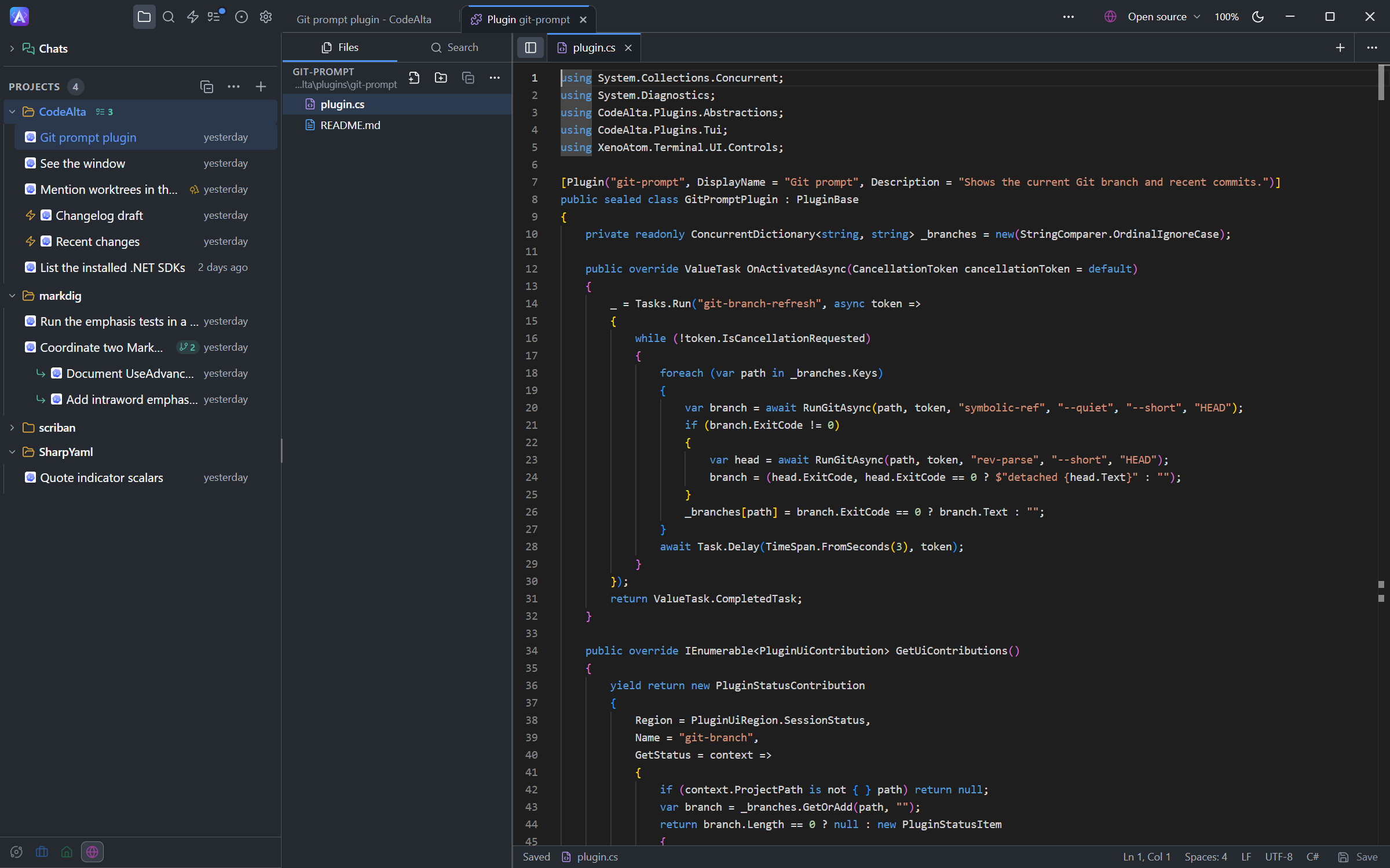 The code editor of CodeAlta Desktop opened on the folder of a plugin, in a Plugin tab