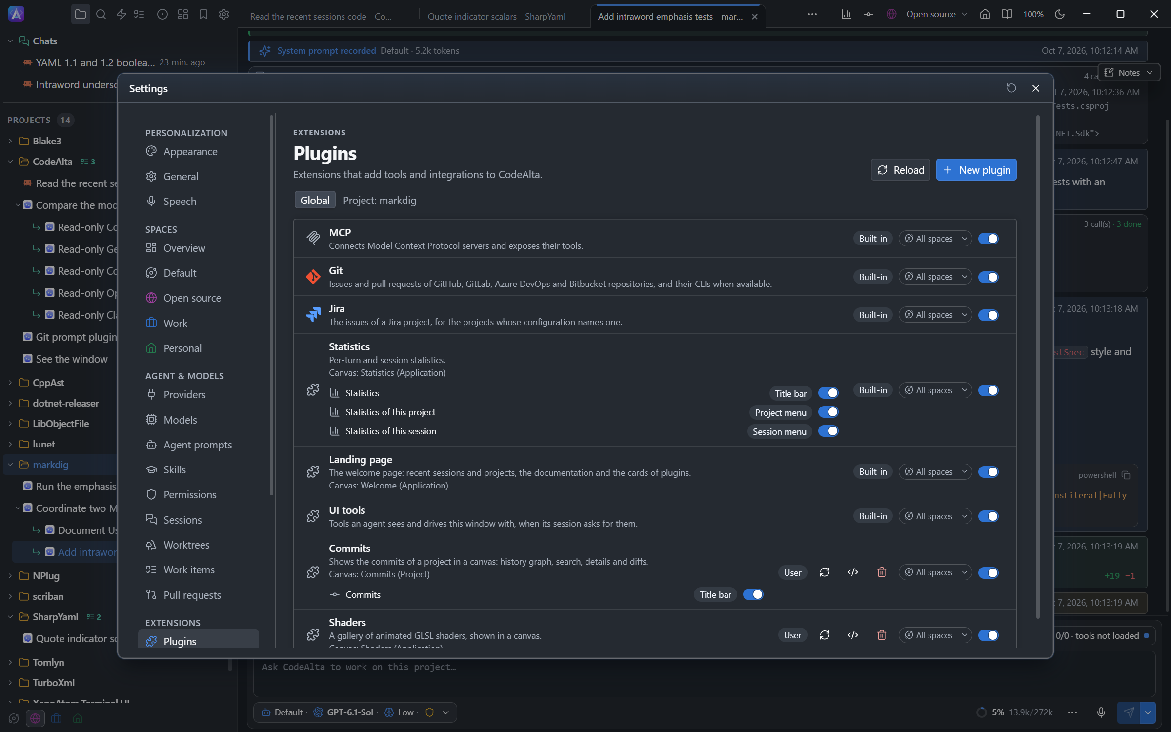 The Plugins page of Settings with a source plugin, its Reload and Edit buttons, and New plugin