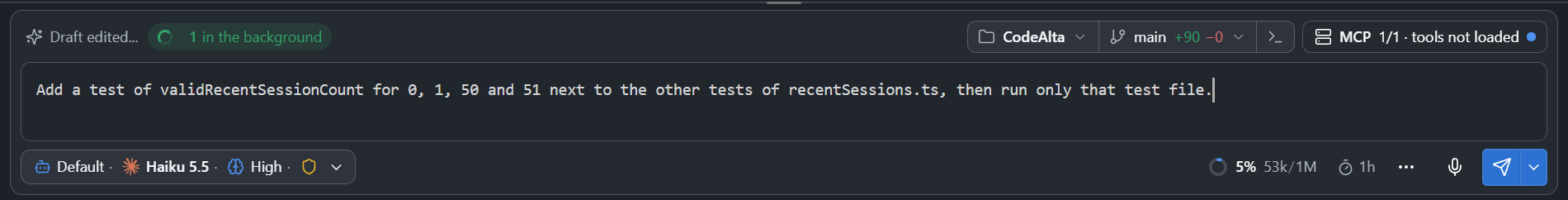The prompt of CodeAlta Desktop: status, Workspace and MCP chips above the editor; Agent chip, context ring, prompt-cache timer, ⋯ menu, microphone and Send below in CodeAlta Desktop