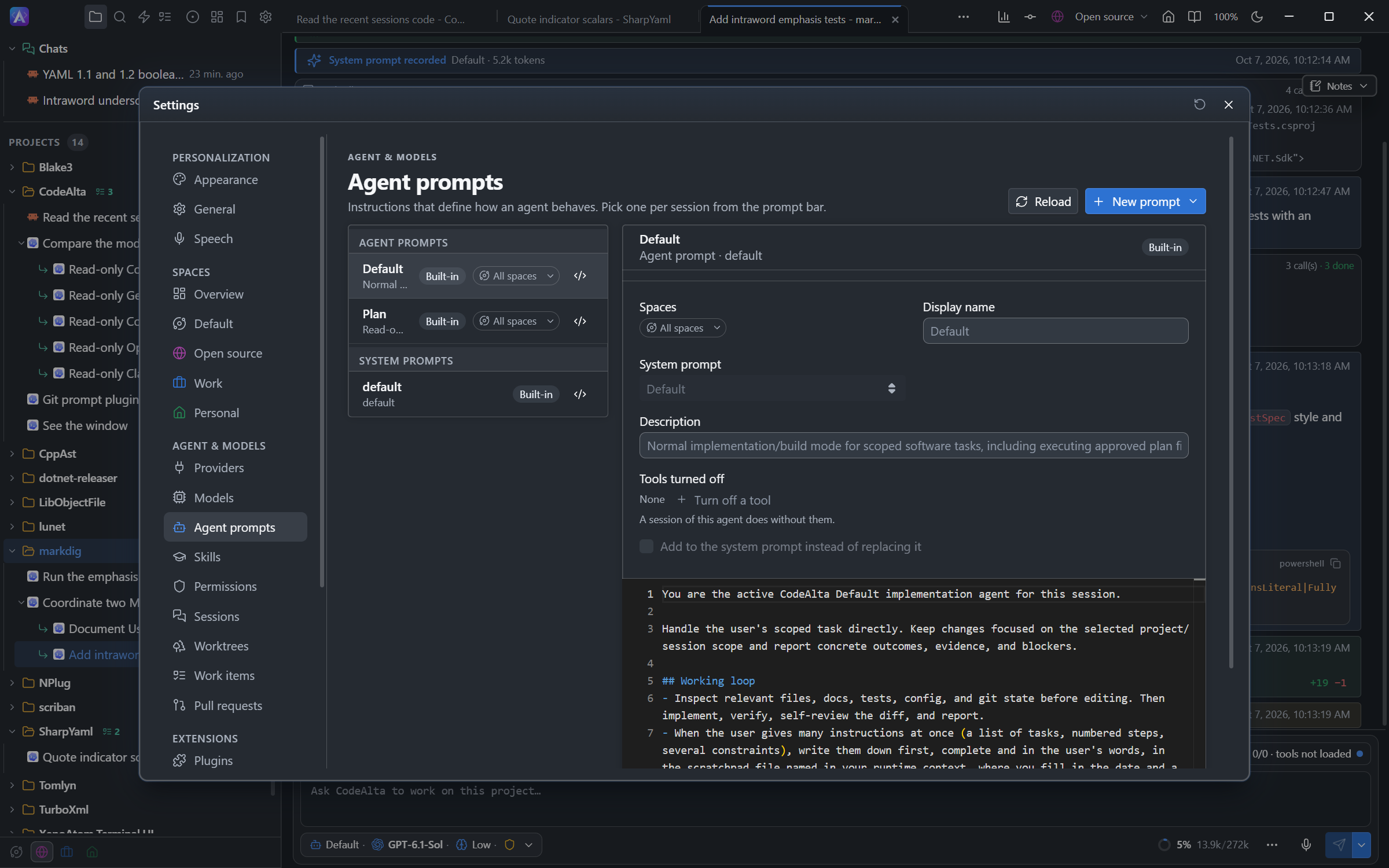 CodeAlta Desktop Agent prompts page listing built-in prompts with the selected prompt on the right