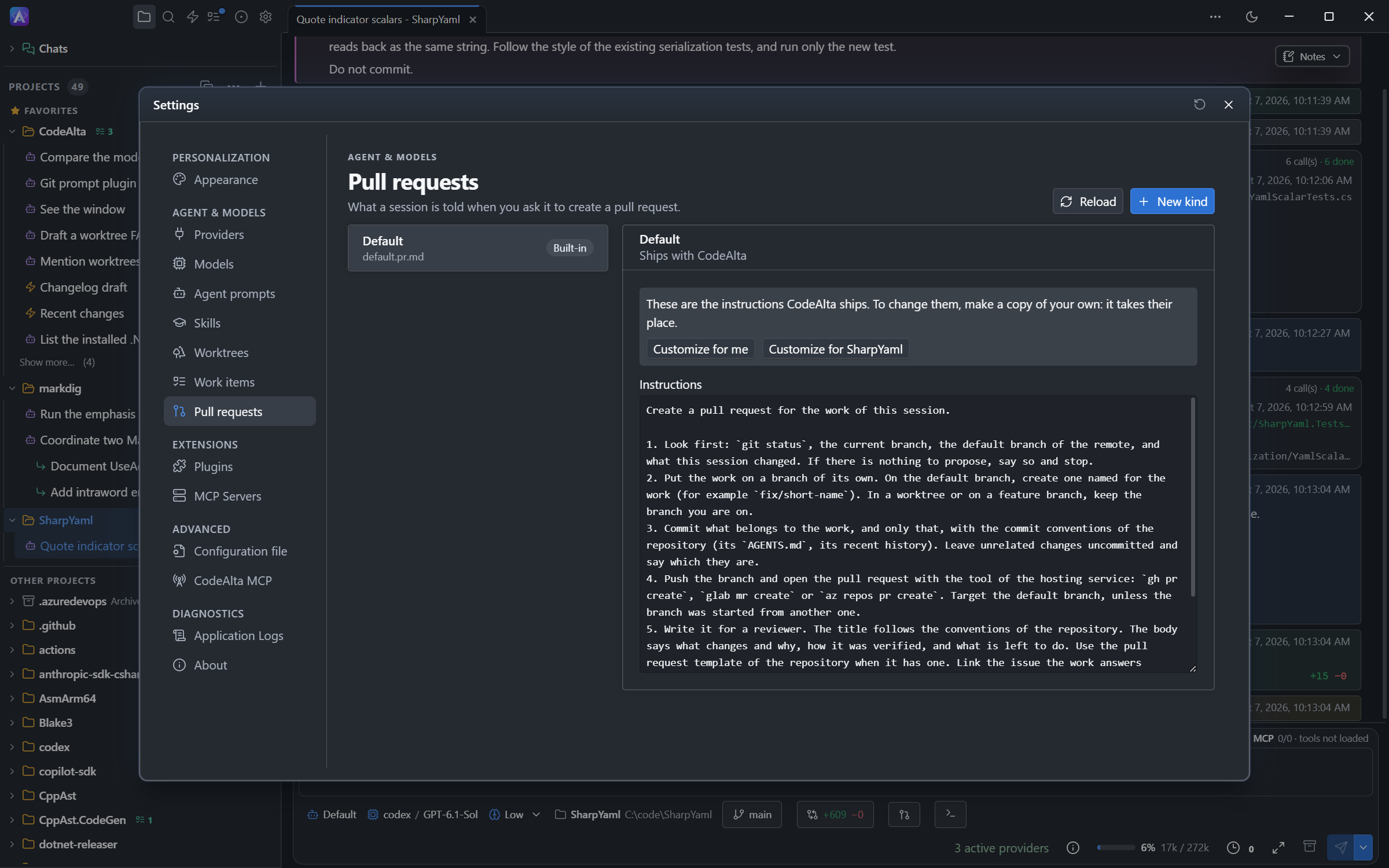 The Pull requests page of Settings with the default instructions