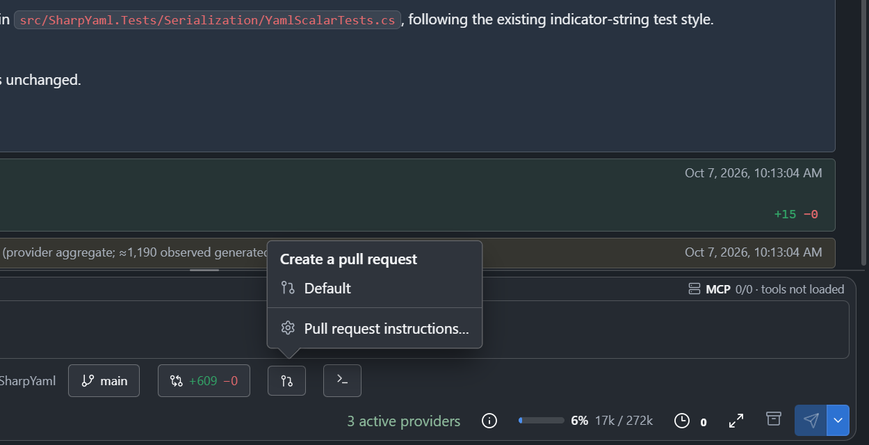 The pull request button under the prompt of a session, with its menu open