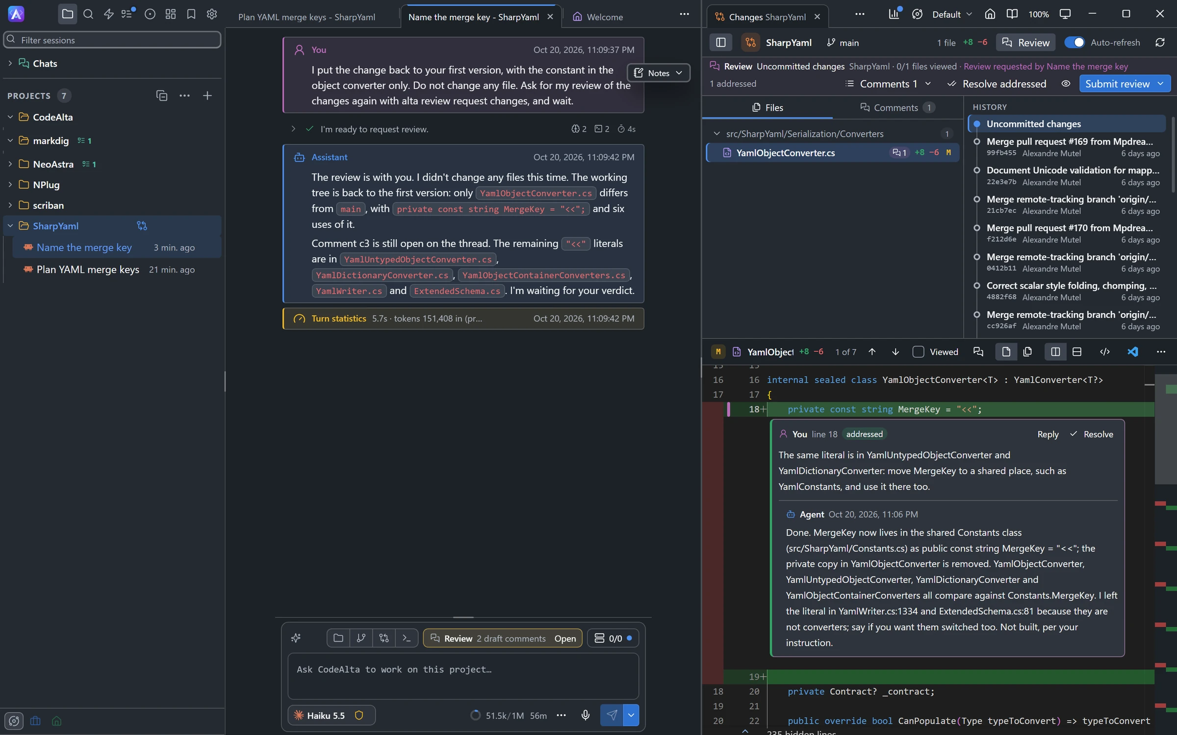 CodeAlta Desktop with a SharpYaml session at the left and its Changes tab in review mode at the right: a comment on a new line of the diff, marked addressed, with the answer of the agent under it