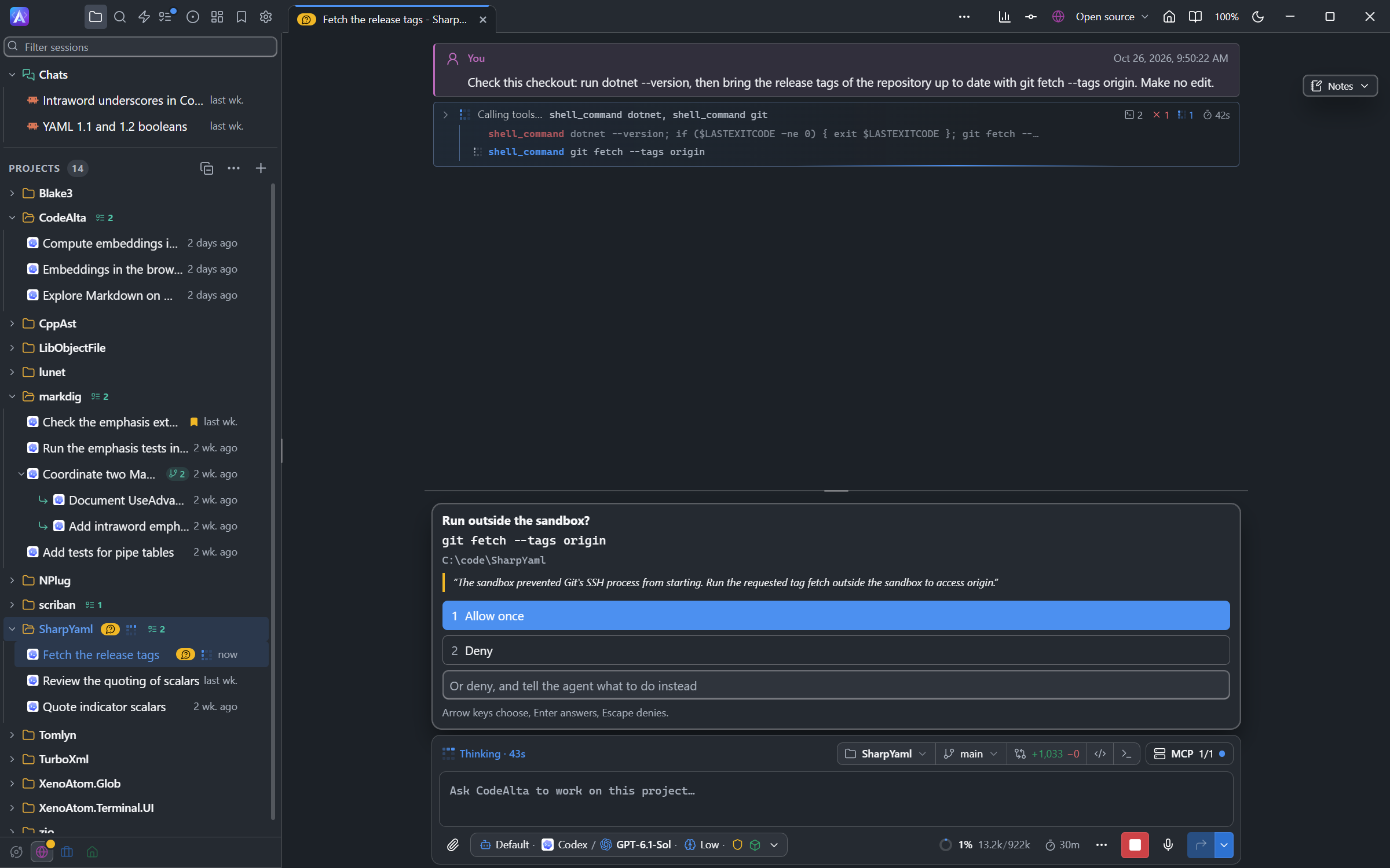 A sandboxed session of SharpYaml asks to run git fetch outside the sandbox, with its folder and its reason
