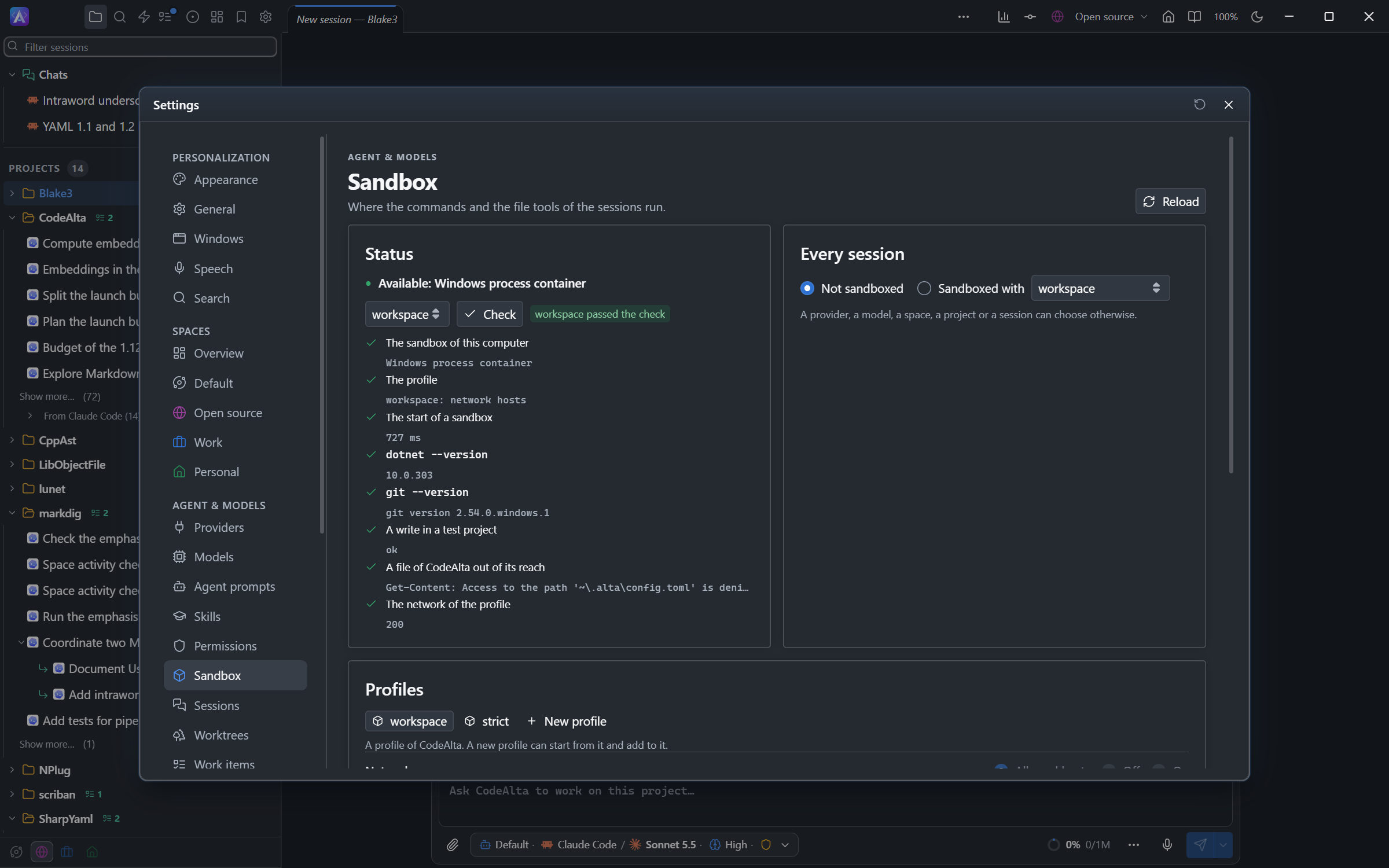 Settings > Sandbox: the status of the sandbox of Windows with each step of its check passed, the choice for every session, and the profiles