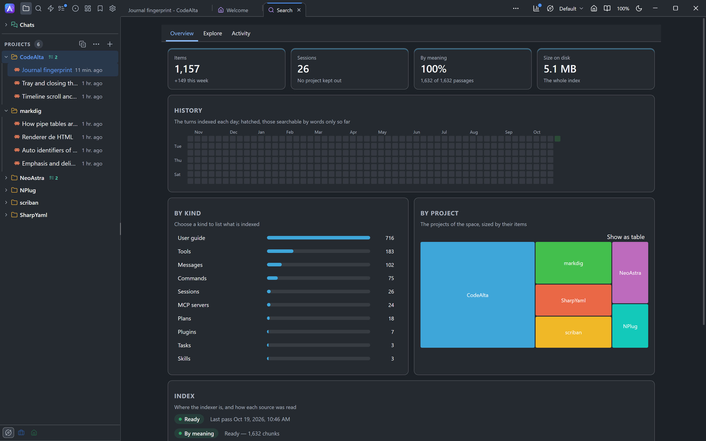 The Overview page of the Search canvas: the items, the sessions, the share searchable by meaning and the size of the index, the turns indexed per day, the items by kind and the projects as a treemap