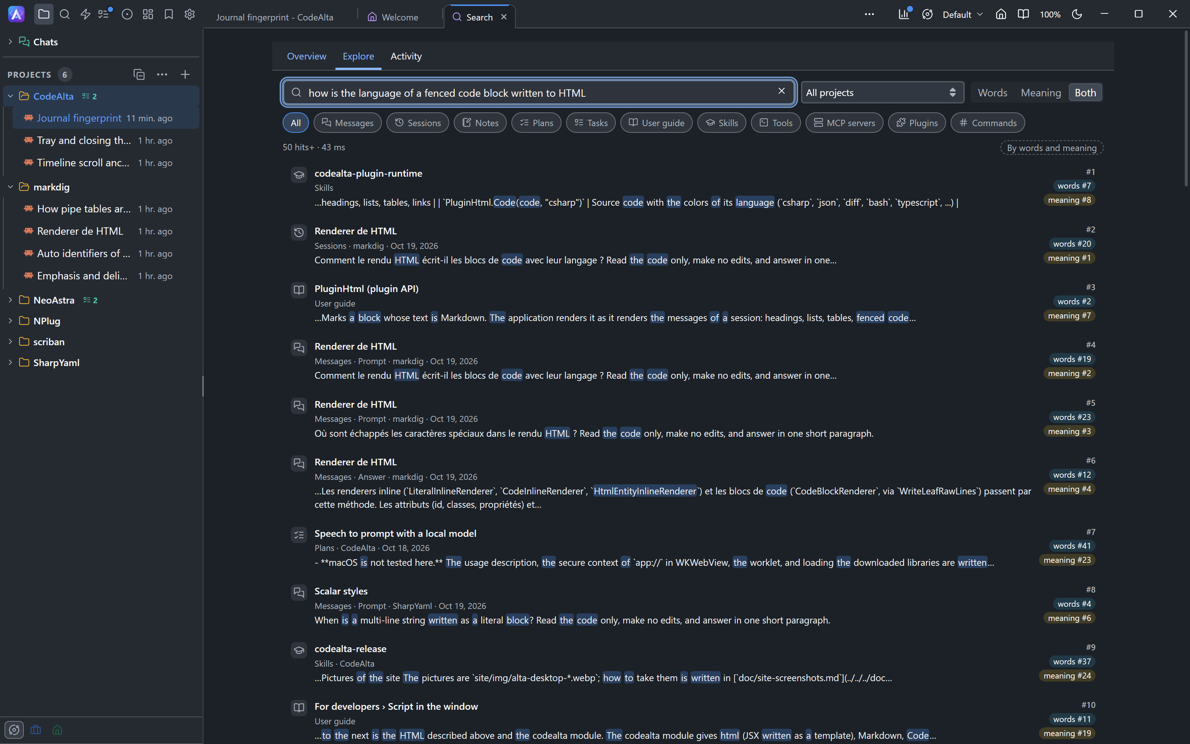 The Explore page of the Search canvas: a question in English, the switch Words, Meaning and Both, and the hits with their rank by words and by meaning, a conversation in French found first by its meaning