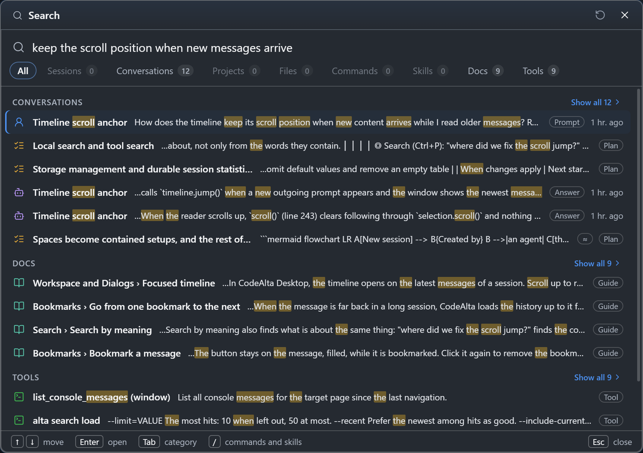 The search window with a question about the scroll position: the Conversations group finds the prompt and the answers of a session, a plan and the sections of the guide, and the Docs and Tools groups follow