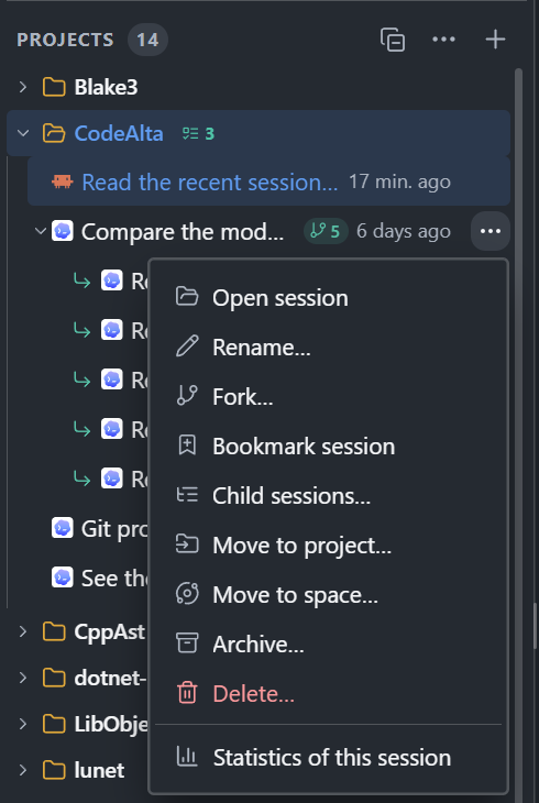The menu of a session in the Explorer of CodeAlta Desktop, with Fork, bookmark, Child sessions, Move to project, Move to space, Archive, Delete and Statistics of this session