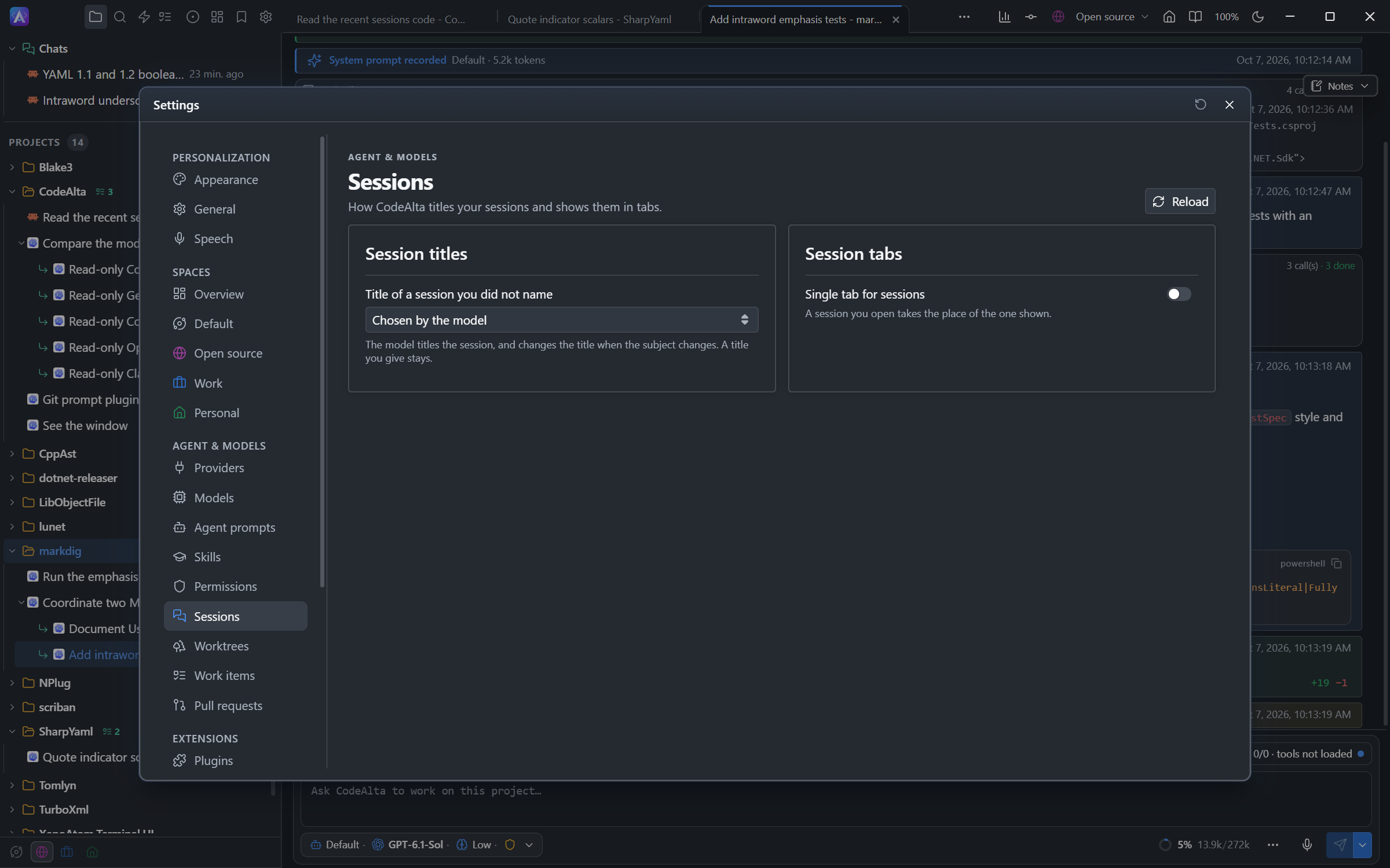 The Sessions page of the Settings of CodeAlta Desktop with the choice of how a session you did not name is titled